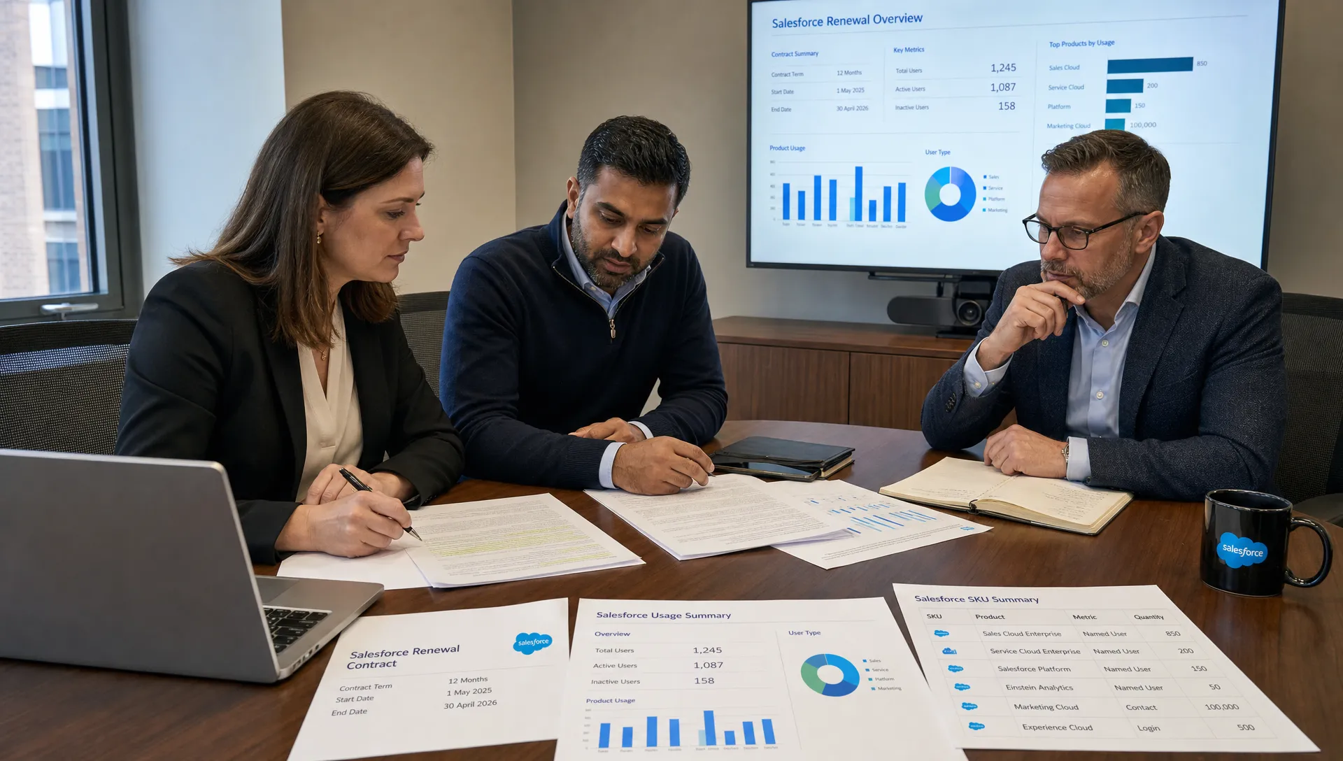 A finance lead, an IT lead and a procurement lead reviewing Salesforce renewal papers around a meeting table, with contract pages, usage summaries and SKU notes laid out clearly.