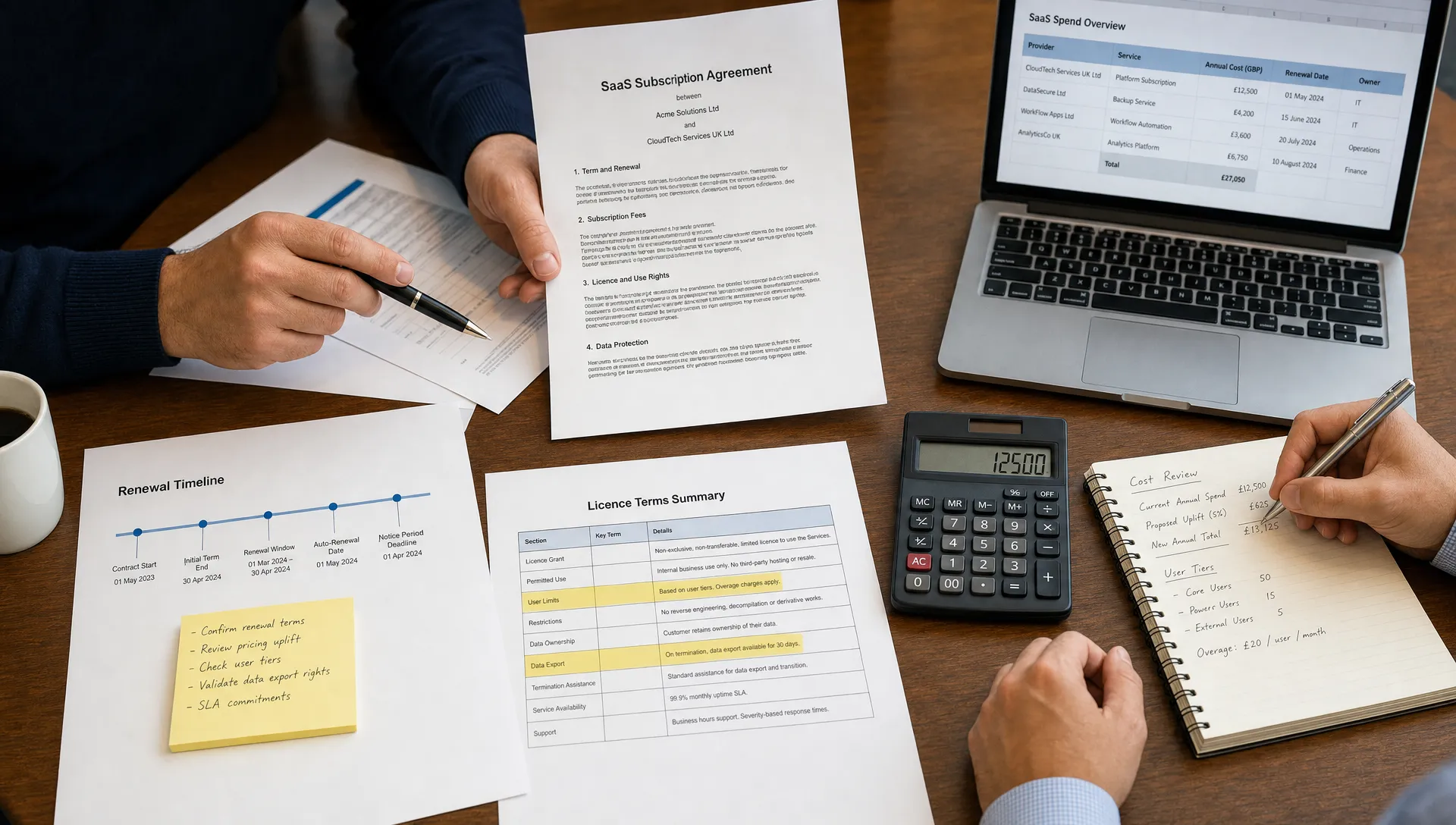 A meeting table with printed SaaS contract pages, renewal timeline notes, highlighted licence terms and a calculator, showing a finance and IT review in progress without visible faces.