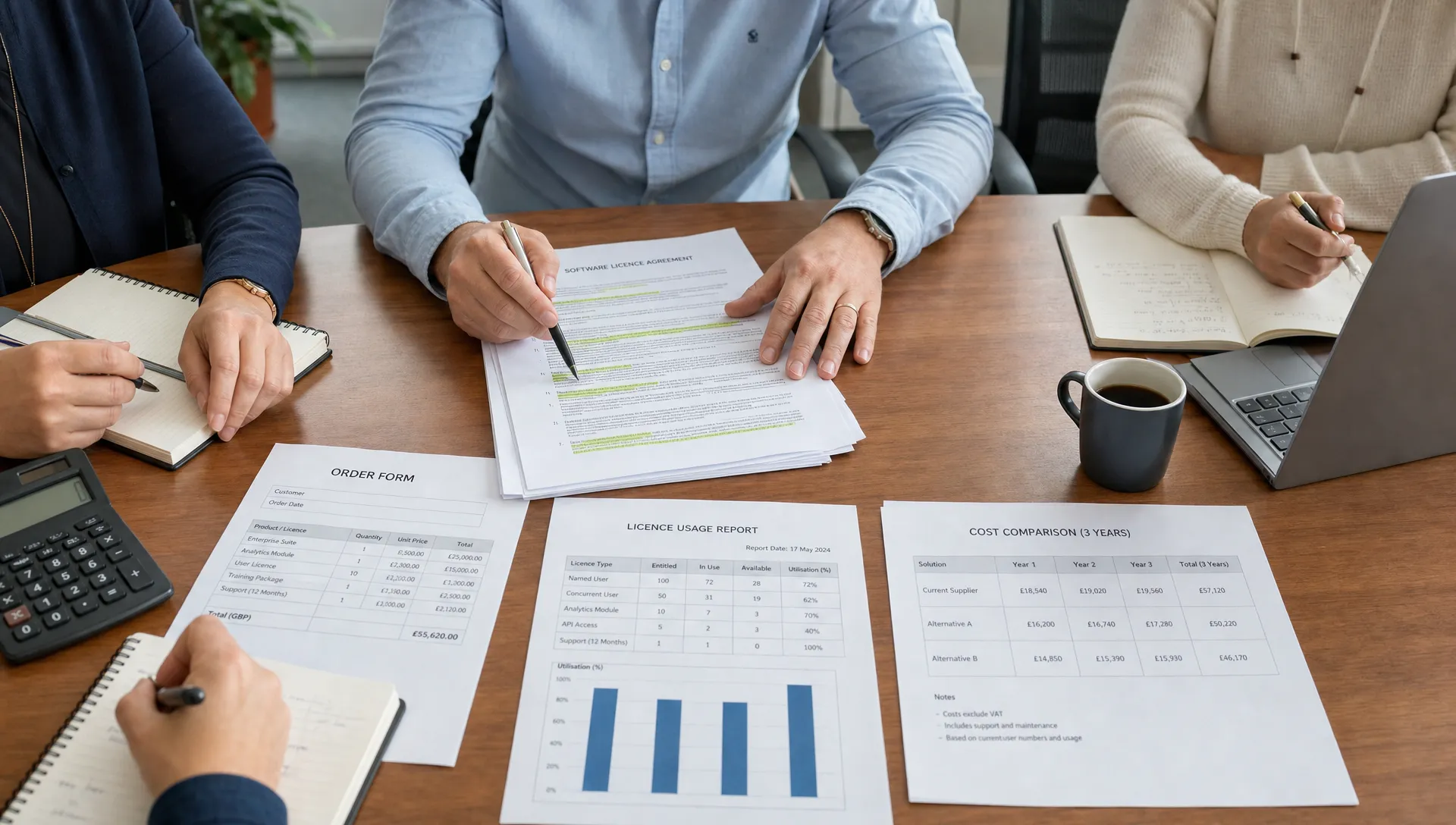A procurement team reviewing a software contract on a meeting table, with highlighted clauses, printed order forms, licence reports, and a simple cost comparison sheet arranged beside notebooks and coffee cups.