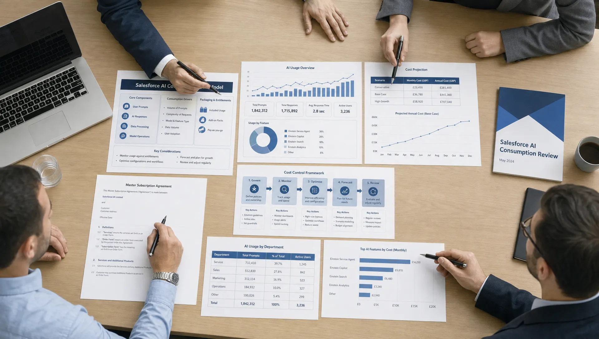A finance, procurement, and technology team reviewing a Salesforce AI consumption model on a meeting table, with printed contract pages, usage charts, and a simple cost-control framework visible, viewed from above with the papers spread in a tight arrangement.