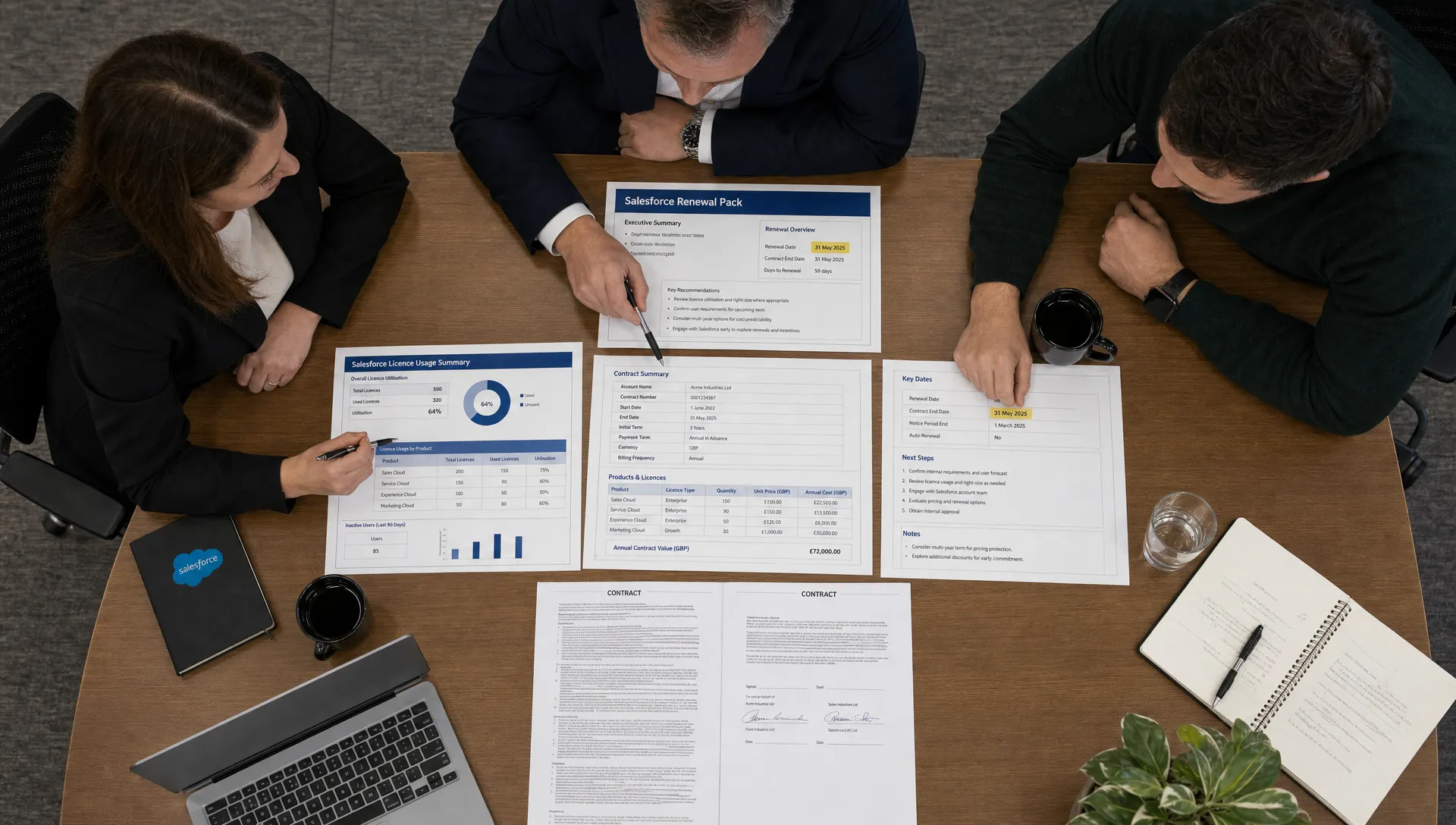 A procurement lead, finance director and IT owner reviewing a Salesforce renewal pack from above on a meeting table, with printed licence usage summaries, contract pages and highlighted renewal dates arranged in clear sections.