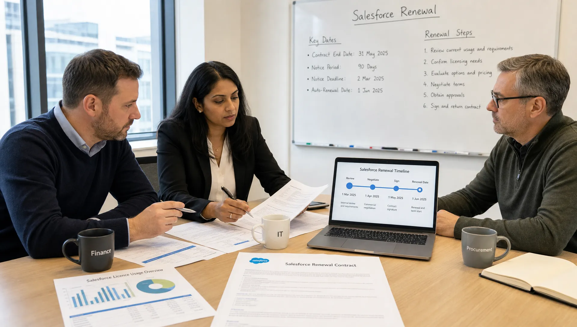 A finance, IT and procurement team reviewing a Salesforce renewal at a meeting table, with printed contract pages, licence usage charts and a laptop showing a simple renewal timeline, while a whiteboard in the background summarises notice dates and renewal steps.