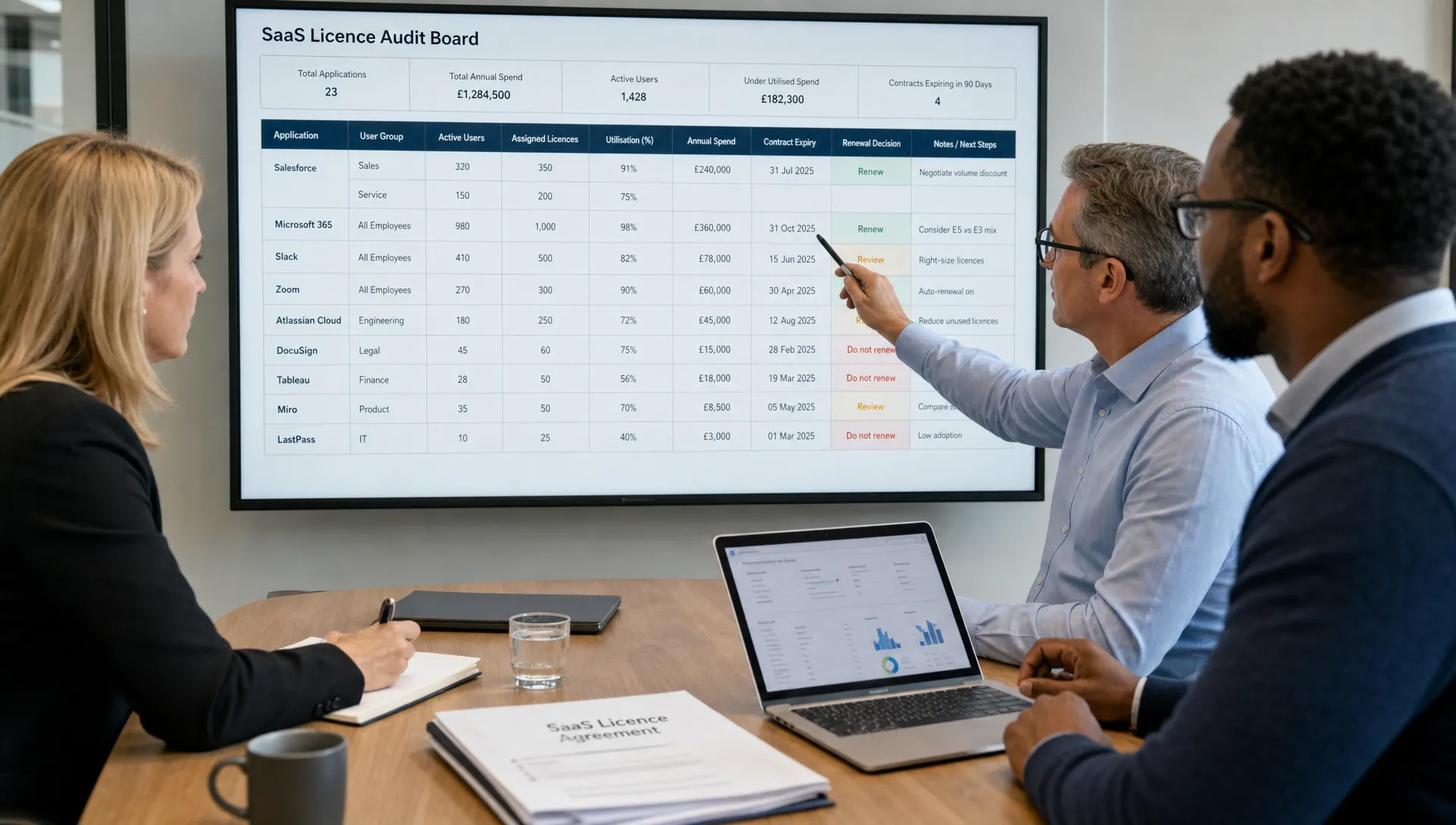 A procurement lead, finance manager and IT owner reviewing a SaaS licence audit board with user groups, contract documents and renewal decisions mapped across a clear table.