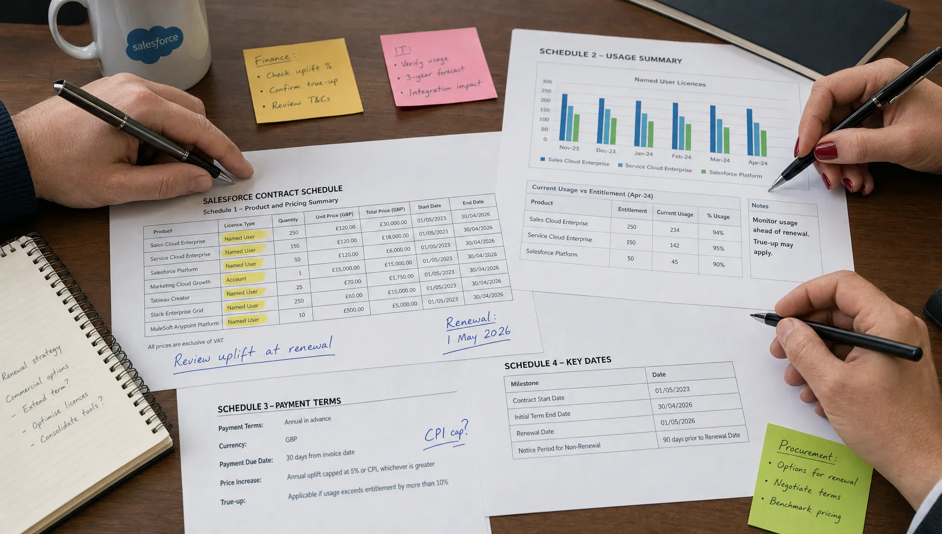 A close view of printed Salesforce contract schedules with highlighted licence lines, renewal dates, usage charts and handwritten notes from finance, IT and procurement teams reviewing commercial options together on a table.