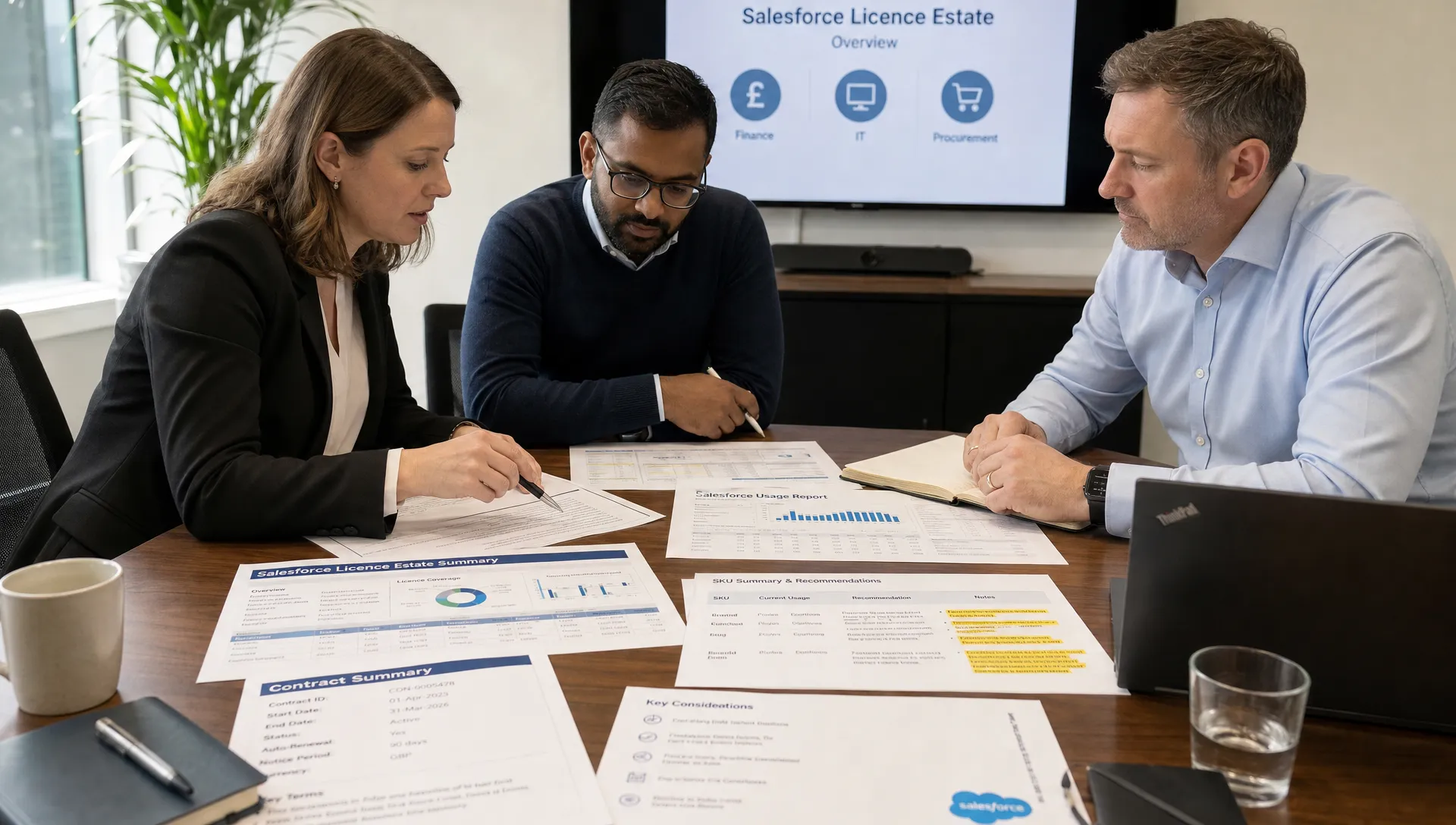 A finance, IT and procurement team review Salesforce licence estate papers on a meeting table, with contract summaries, usage reports and highlighted SKU notes.