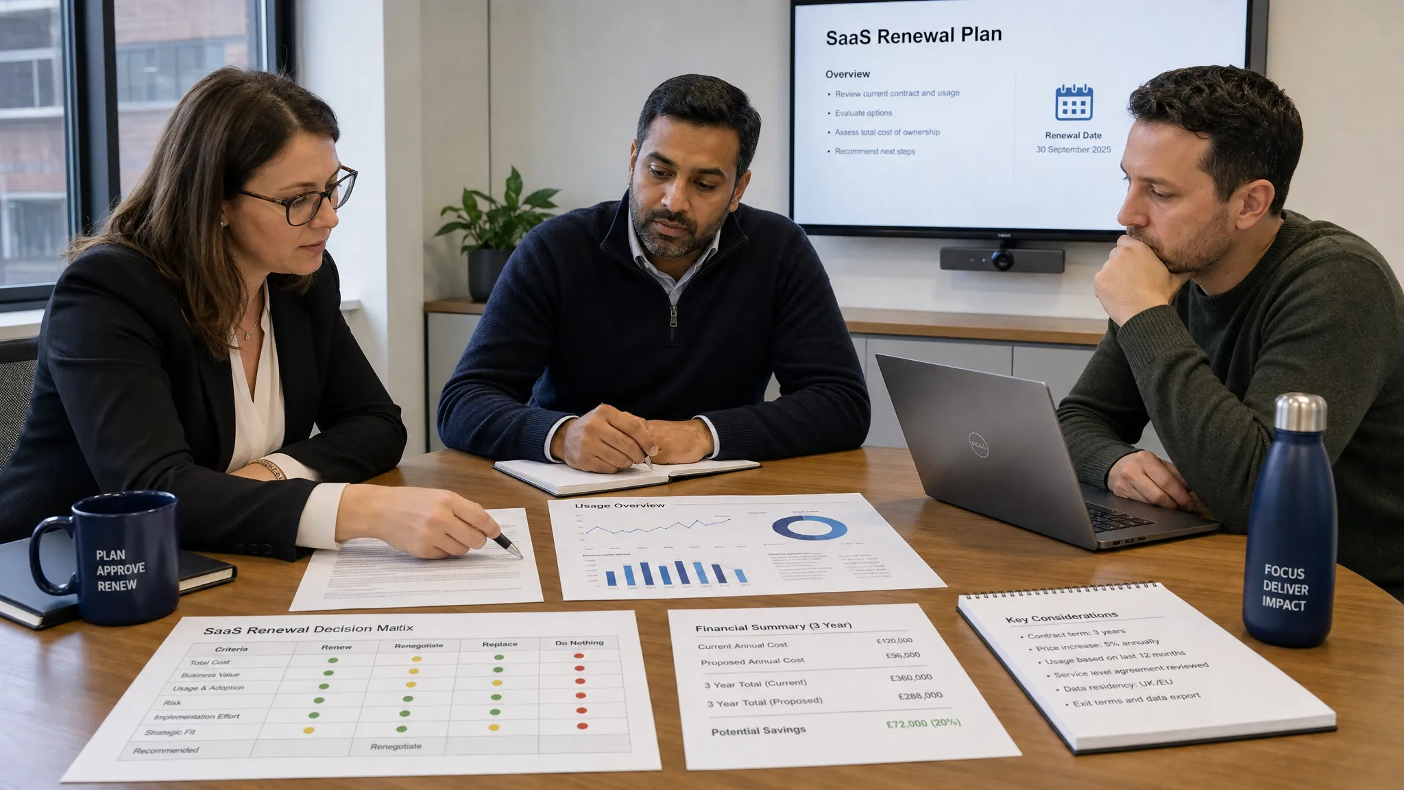 A procurement, finance and IT team reviewing a SaaS renewal plan around a meeting table, with printed contract pages, usage charts and a simple decision matrix visible.