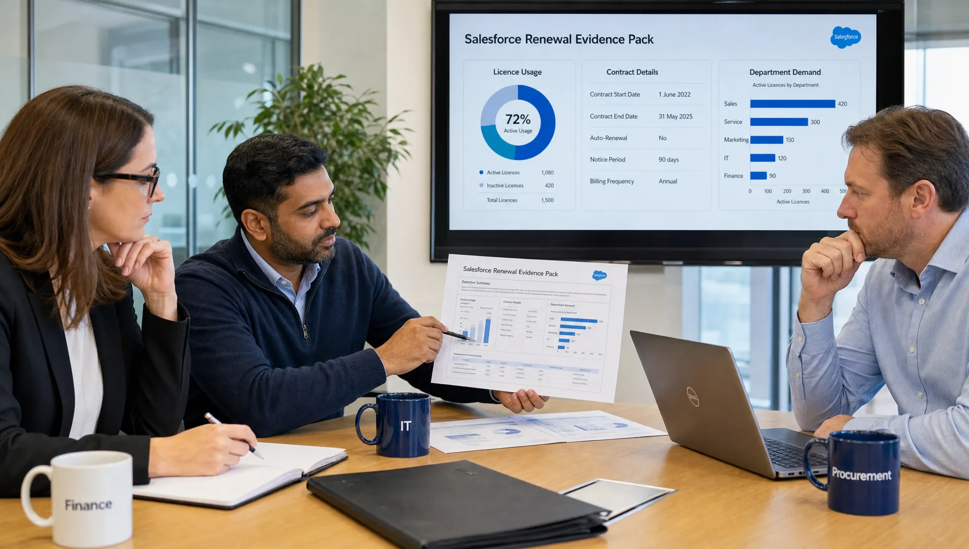 A finance, IT and procurement team reviewing a Salesforce renewal evidence pack on a meeting table, with charts showing licence usage, contract dates and department demand.