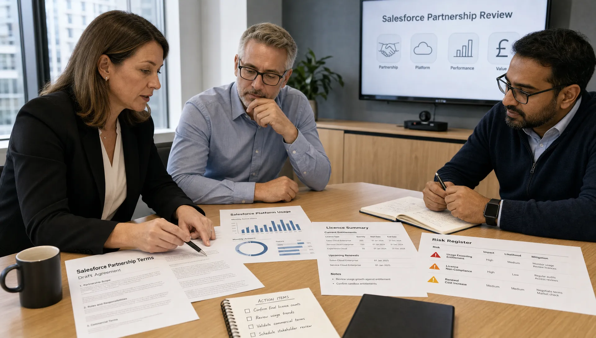 A procurement lead, finance lead and IT lead review Salesforce partnership terms on a meeting table with contract pages, usage charts, licence notes and risk markers.
