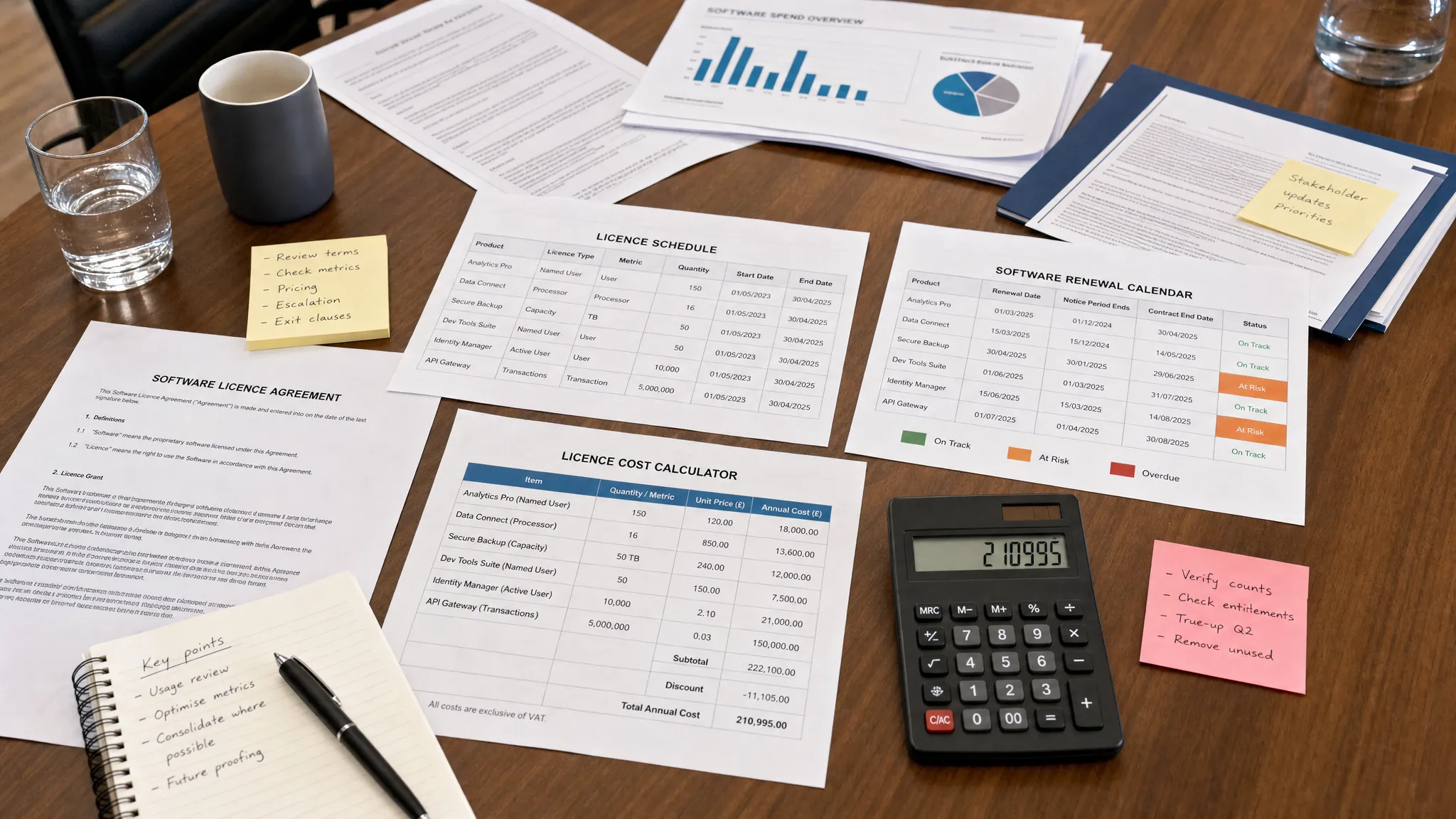 A close-up view of printed software agreements, licence schedules, renewal calendars, calculators and coloured notes spread across a boardroom table for a procurement review, with no screens visible.