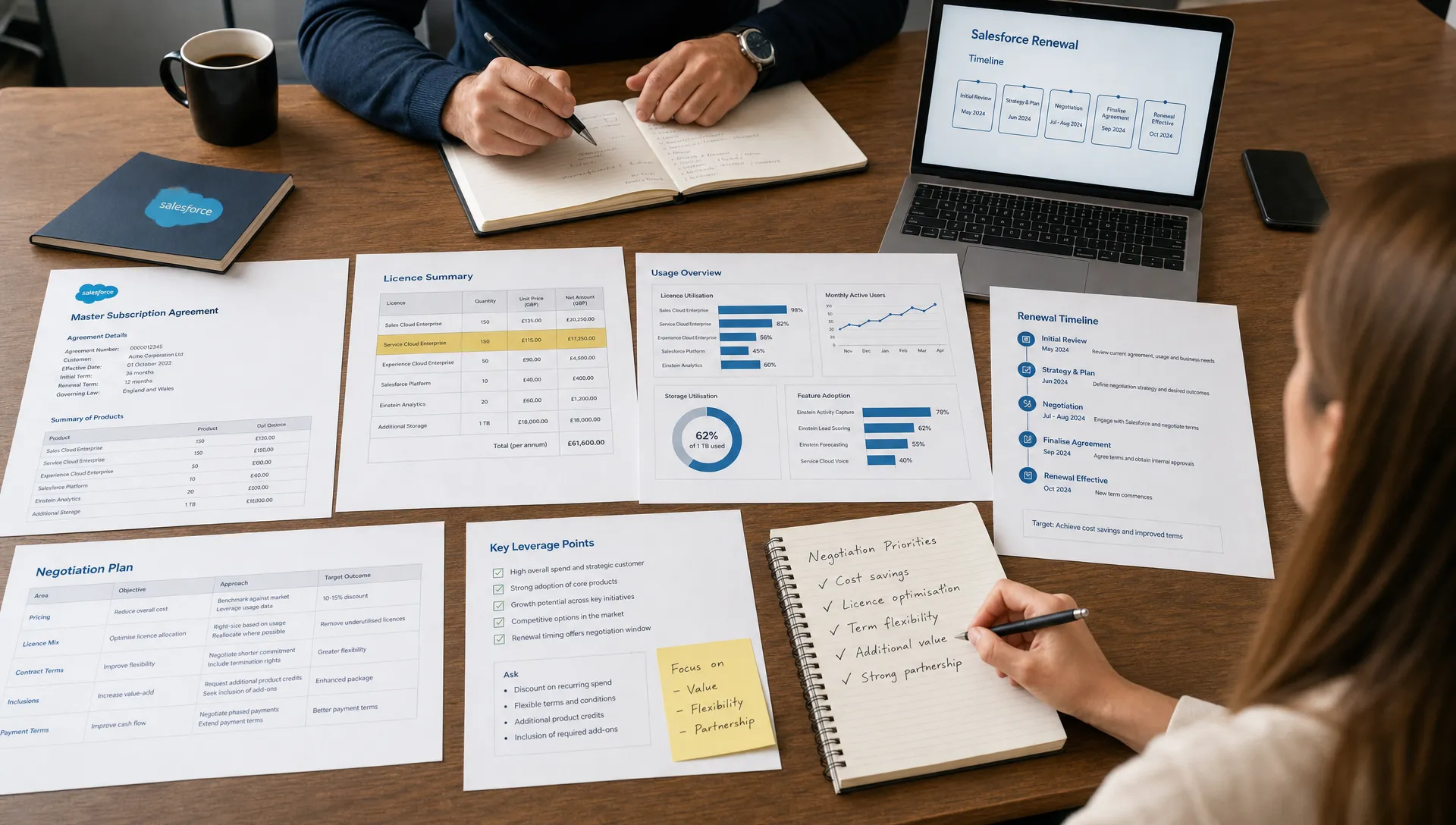 Salesforce contract documents, usage charts and renewal timelines laid out on a meeting table, with highlighted licence categories and a negotiation plan taking shape.