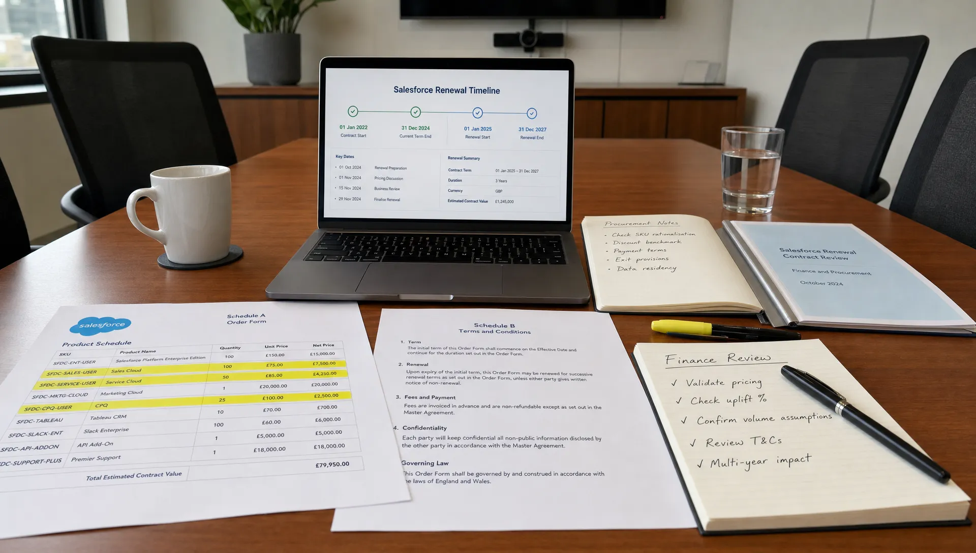 A boardroom table with printed Salesforce contract schedules, highlighted SKU lines, a laptop showing a renewal timeline facing the camera, and finance and procurement notes arranged for a contract review.