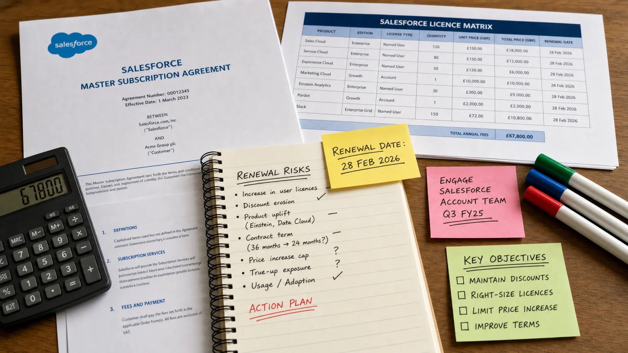 A close-up tabletop view of printed Salesforce contract pages, a licence matrix, a calculator, coloured markers and sticky notes arranged around renewal risk notes, with no computer screens visible.