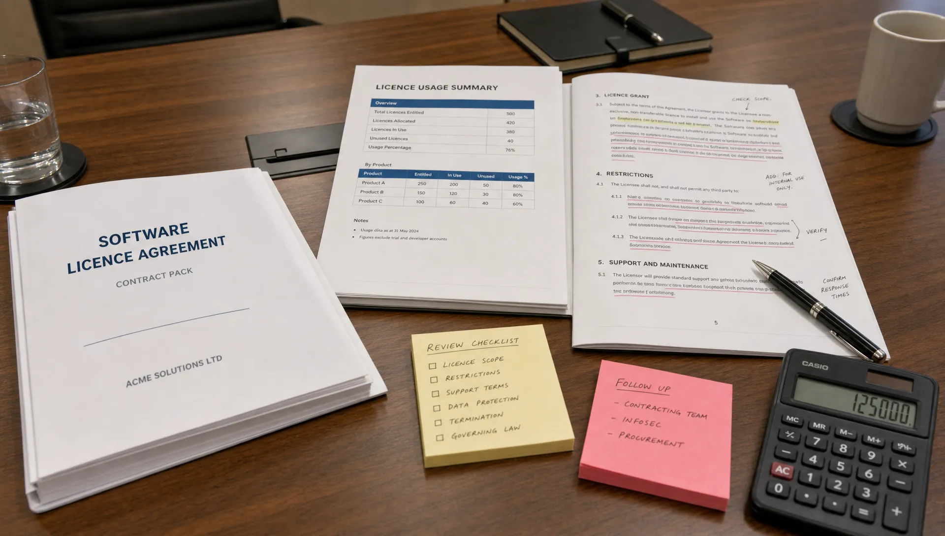A boardroom table with a software contract pack, licence usage summary, calculator, sticky notes and marked-up clauses for a pre-signature review.