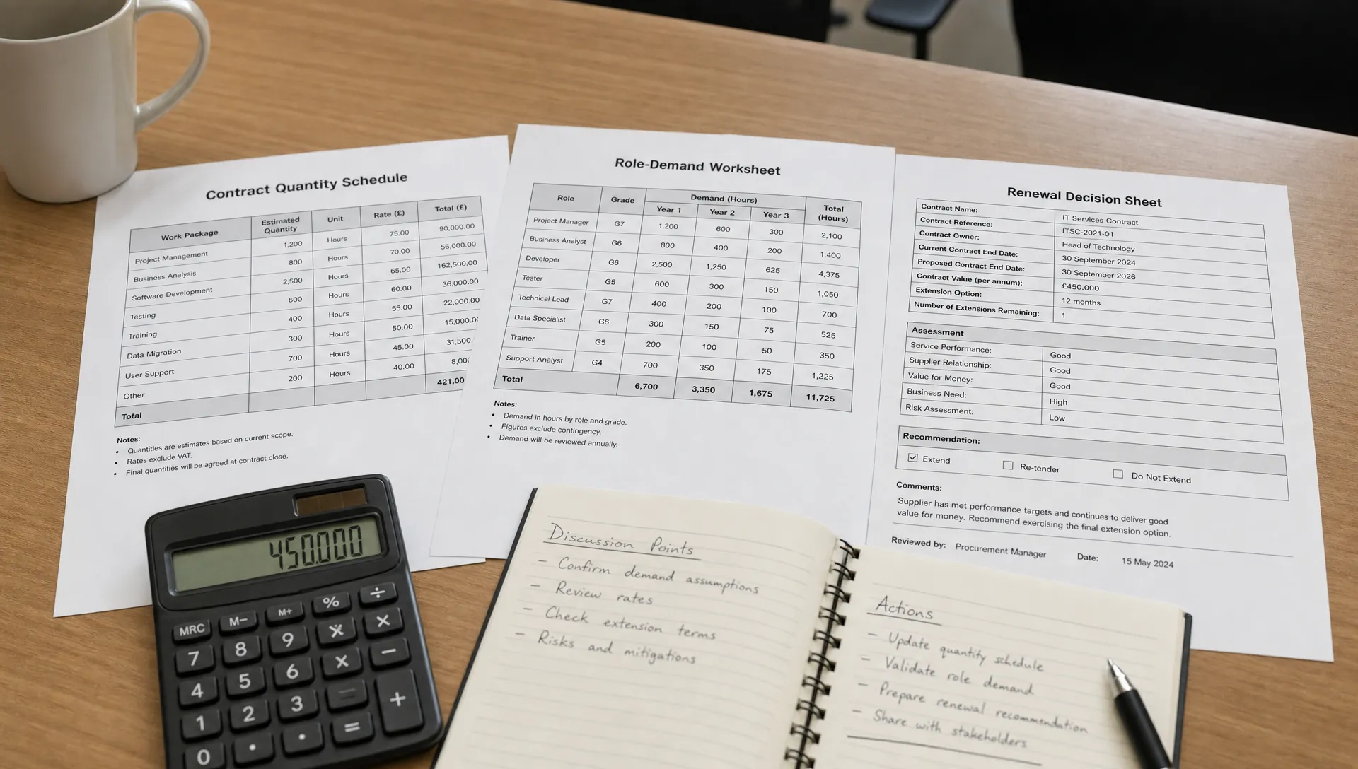 A contract quantity schedule, role-demand worksheet and renewal decision sheet sit together on a meeting table beside a calculator and handwritten notes.