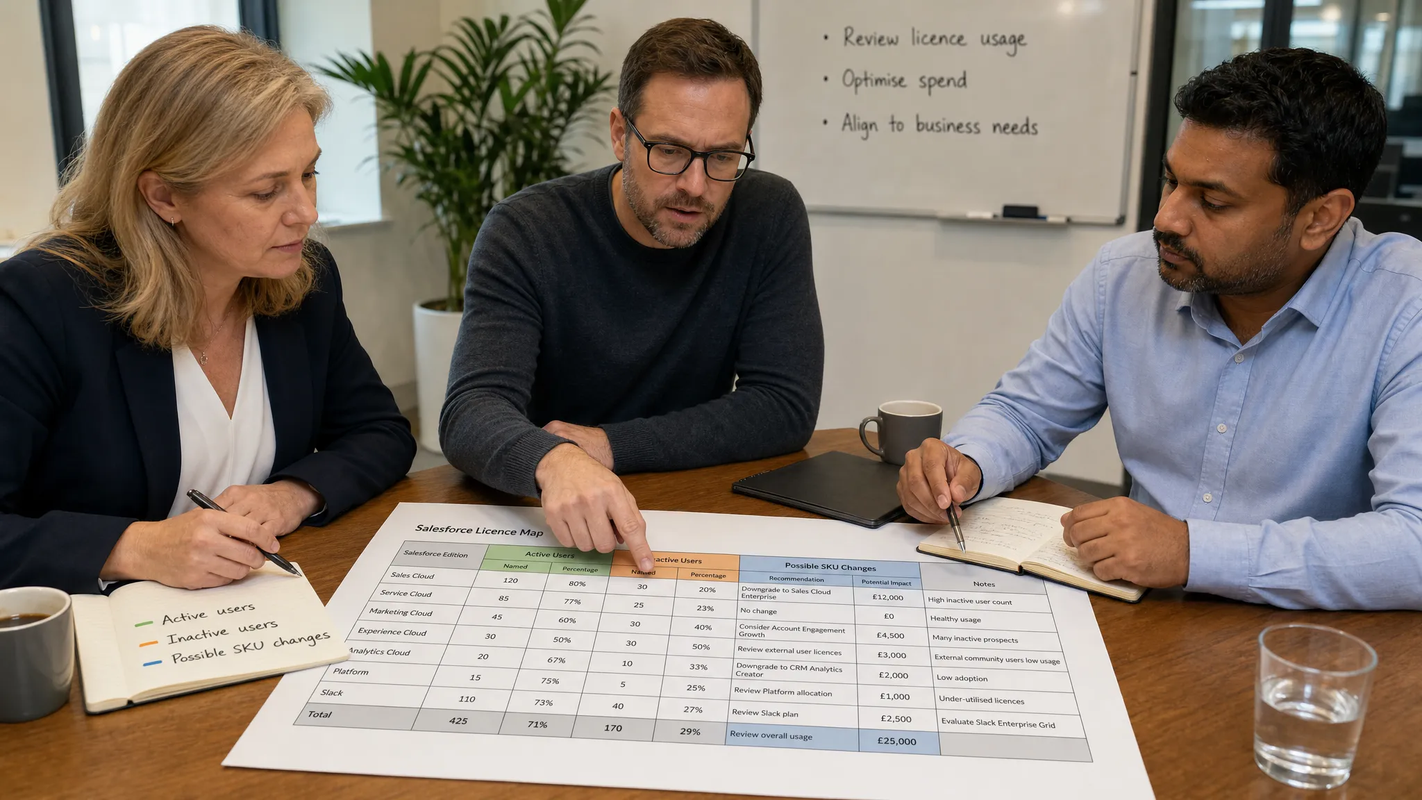 A finance leader, IT lead and procurement manager reviewing a printed Salesforce licence map on a meeting table, with notes showing active users, inactive users and possible SKU changes.