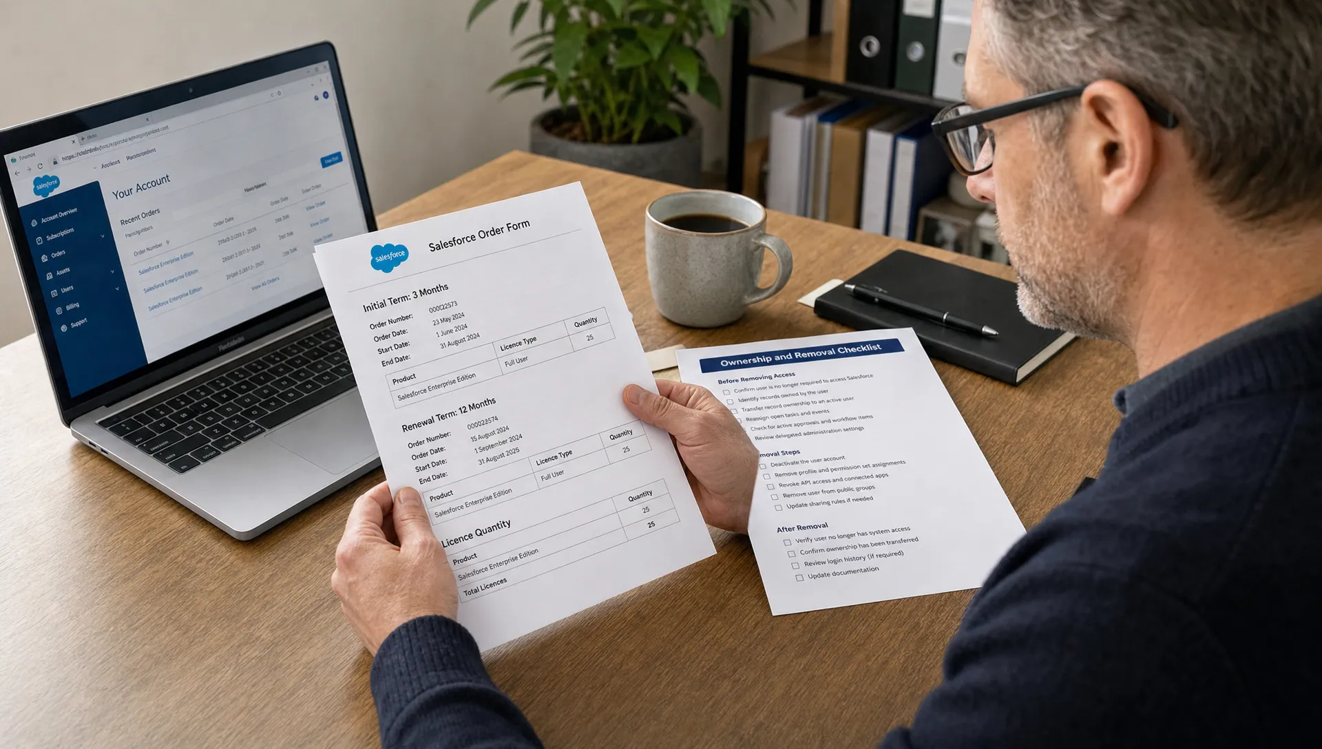 A Salesforce Owner reviews printed order forms showing the initial three-month term, the full-year renewal and licence quantity beside an ownership and removal checklist.