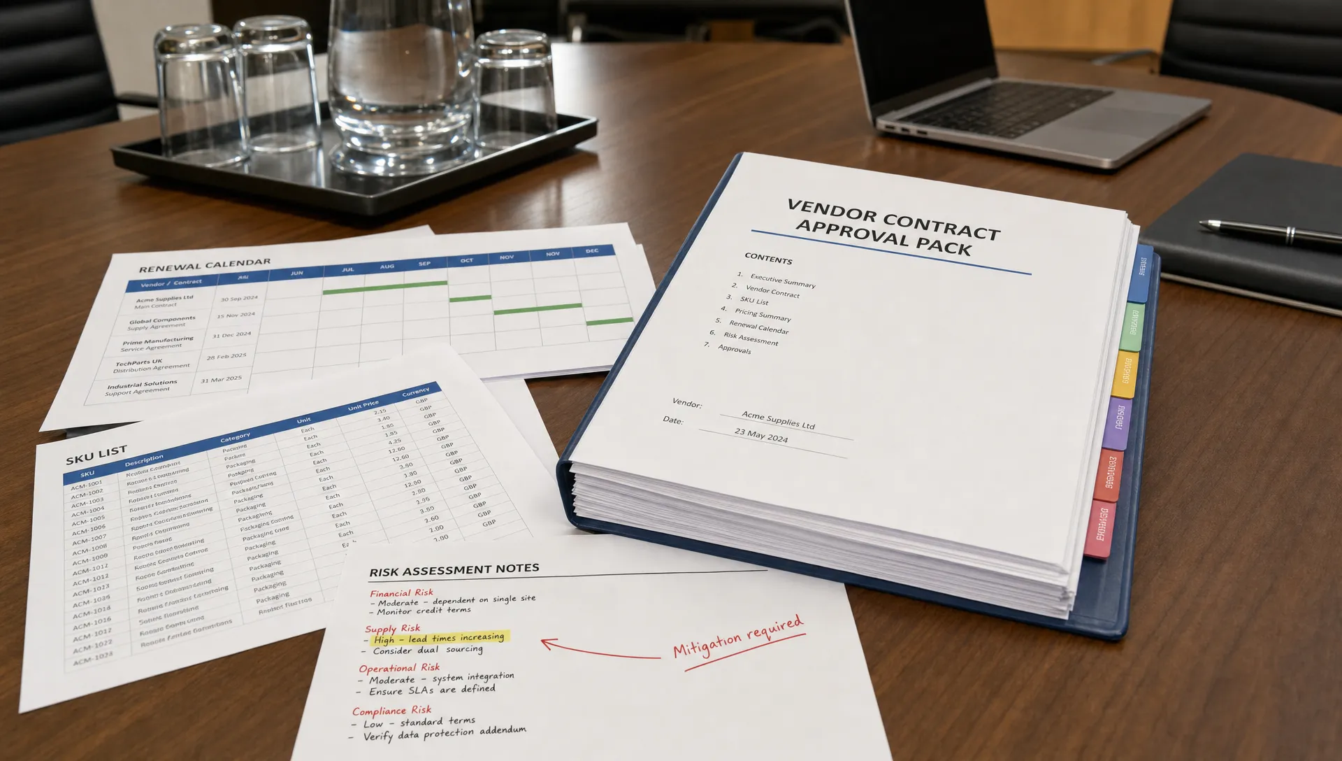 A vendor contract approval pack lies on a conference table with a SKU spreadsheet, renewal calendar and marked risk notes for review.