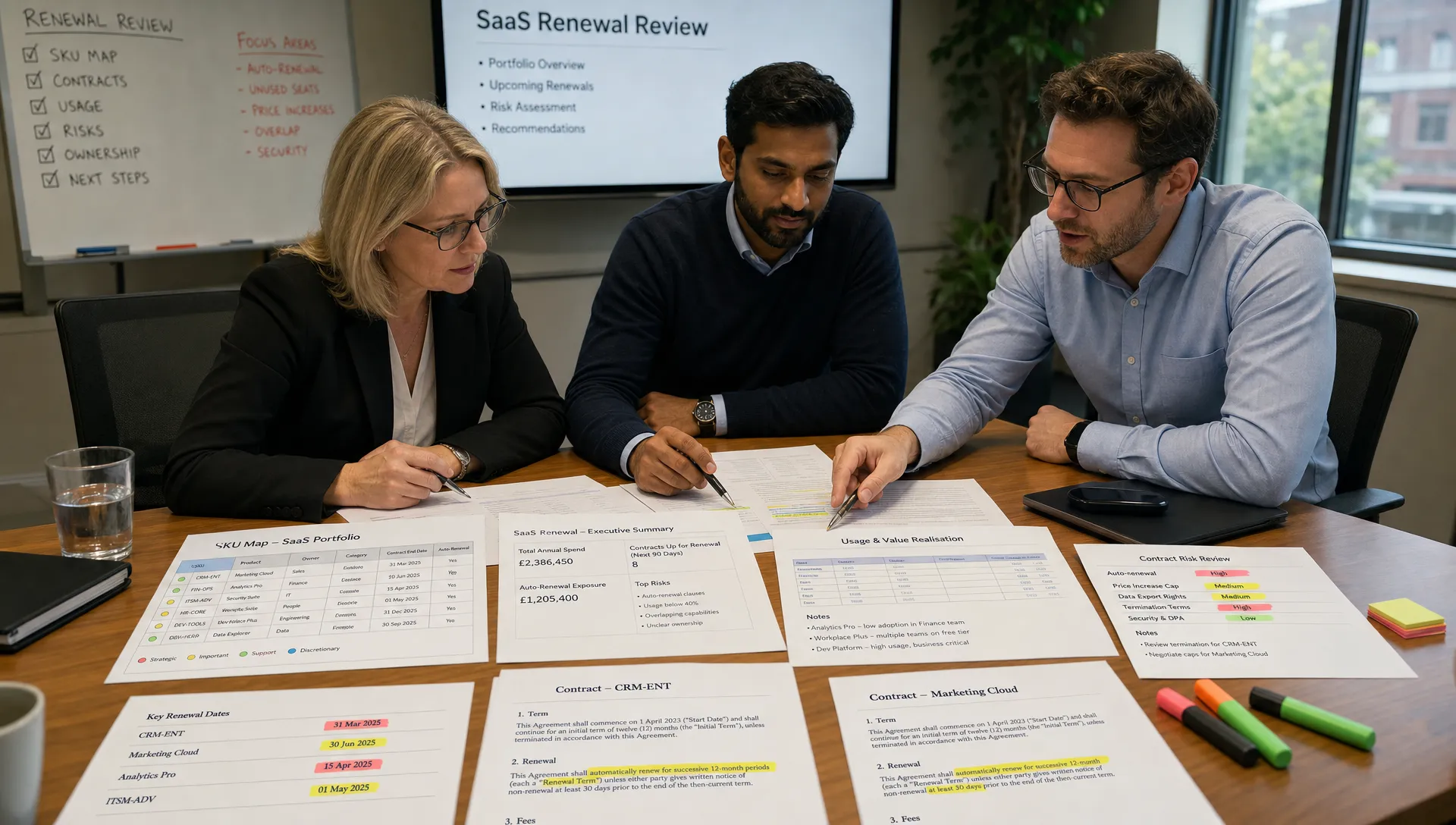 A finance, IT and procurement team reviewing printed SaaS renewal documents on a meeting table, with a clear SKU map, contract pages, usage notes and markers showing product ownership and risk areas.