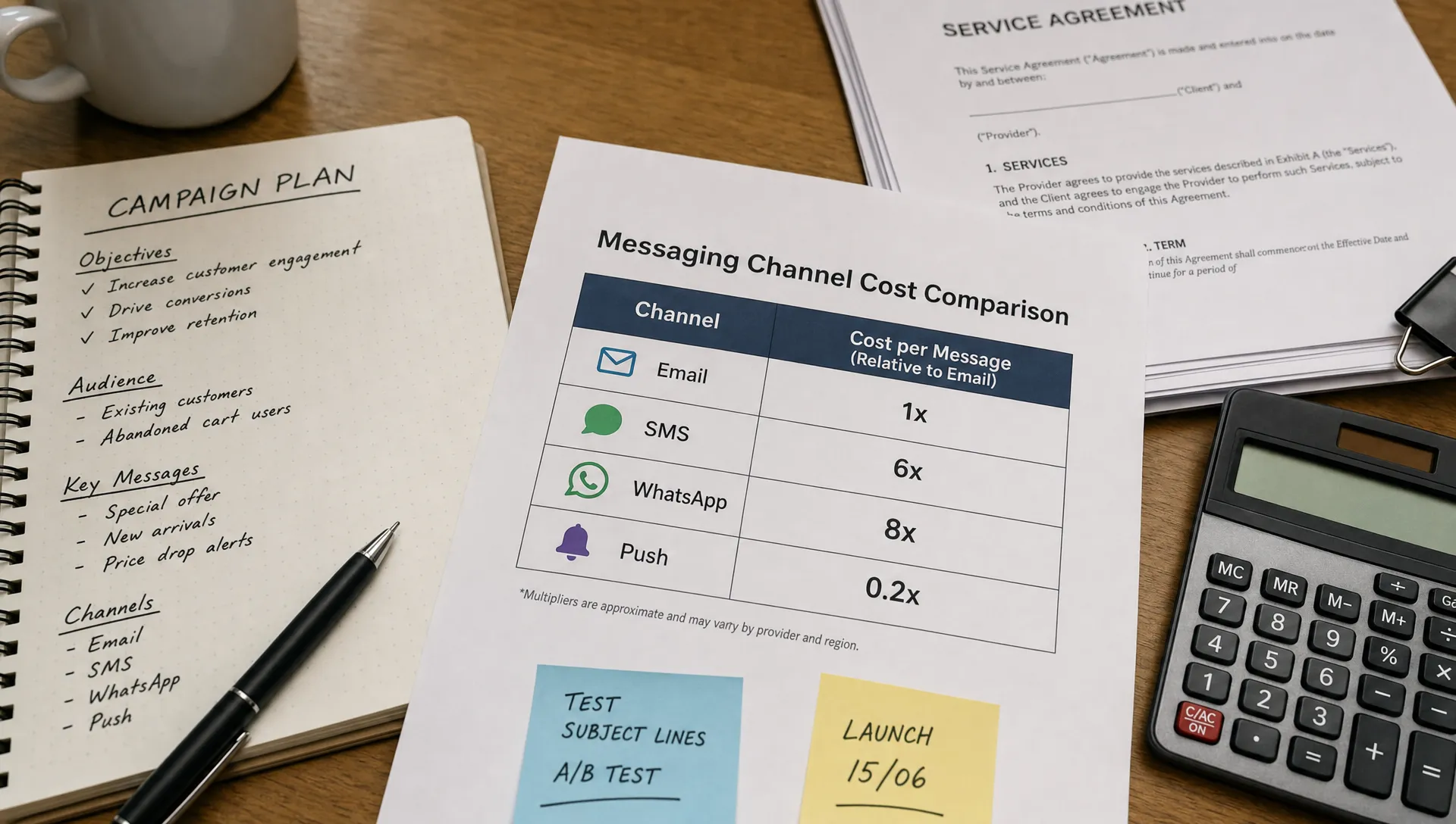 A close-up table with campaign planning notes, a calculator, and a simple comparison table for Email, SMS, WhatsApp and Push messaging cost multipliers laid out beside contract pages.
