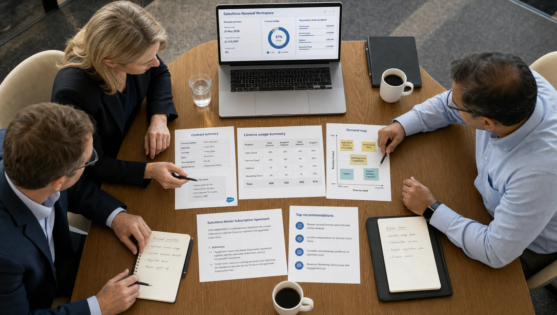 A procurement leader, finance manager and IT lead reviewing a Salesforce renewal workspace from above with printed contract pages, licence usage summaries and a simple demand map on a meeting table.