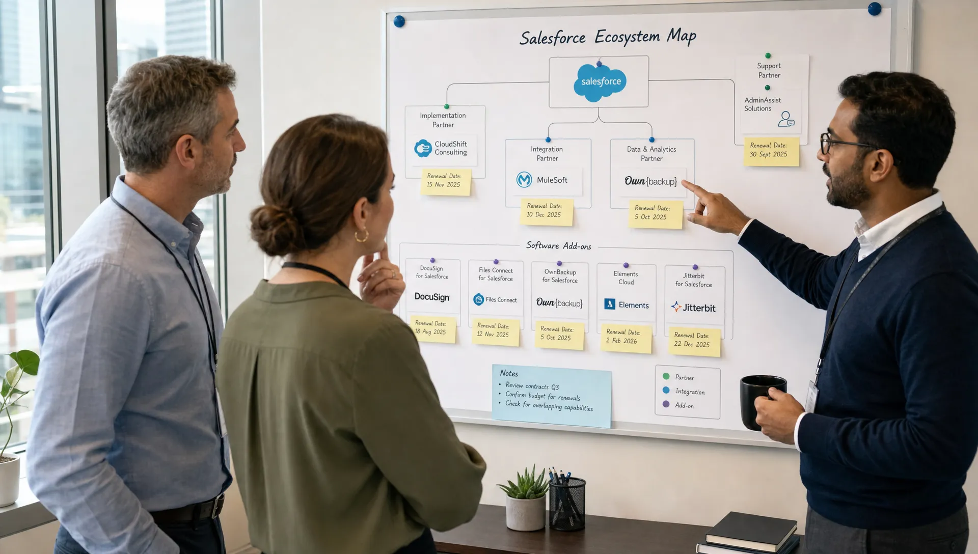 A finance, IT and procurement team reviewing a Salesforce ecosystem map pinned on a wall board, with partner categories, software add-ons and renewal dates shown as connected notes.