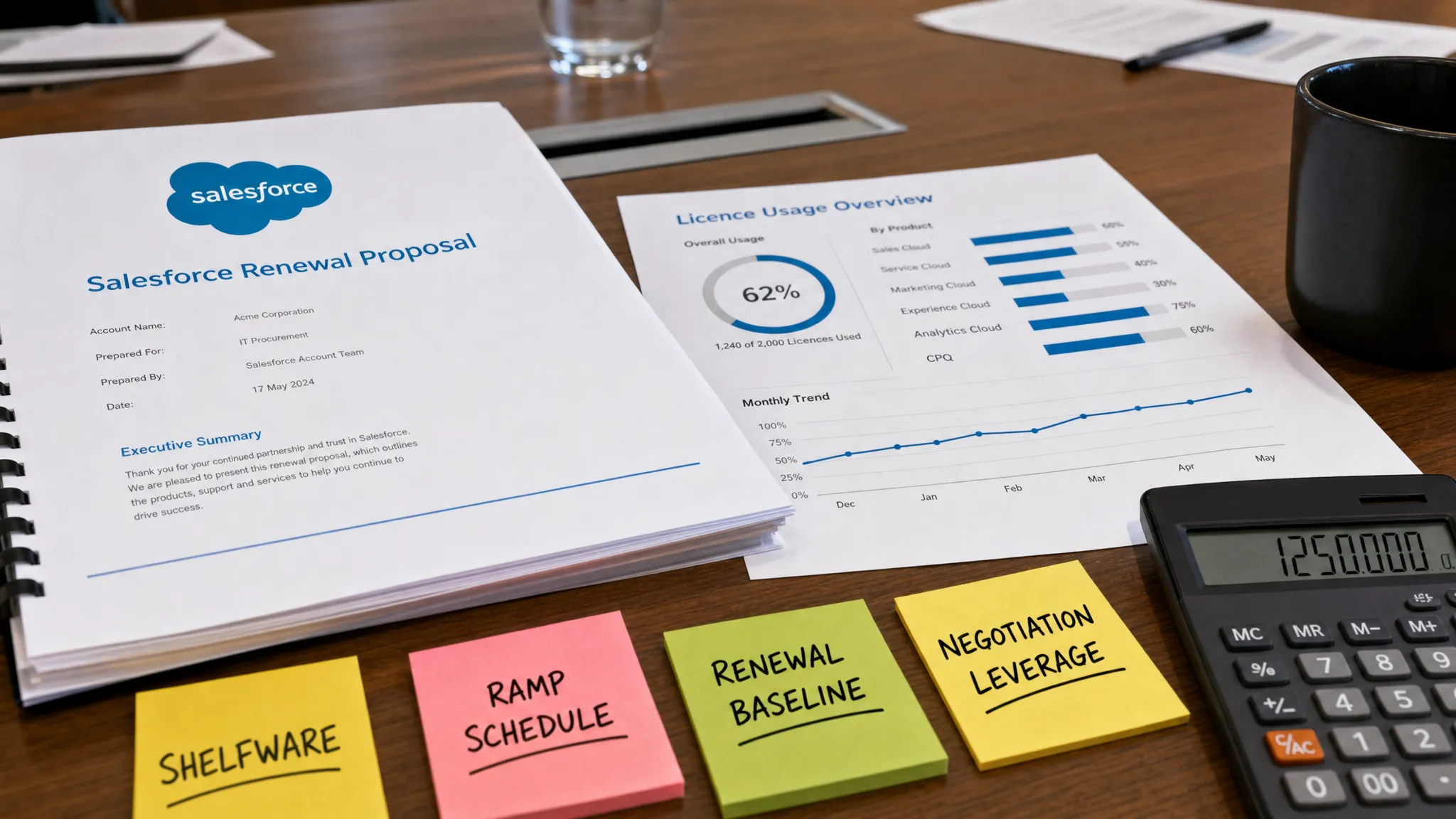 A close-up of a conference table with Salesforce renewal papers, licence usage charts, a calculator and sticky notes labelled shelfware, ramp schedule, renewal baseline and negotiation leverage.