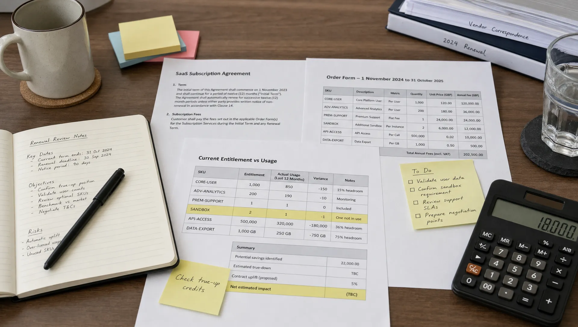 A renewal review desk with printed SaaS contract pages, highlighted SKU tables, a calculator, sticky notes and a notebook, showing a careful cost analysis without any computer screens.