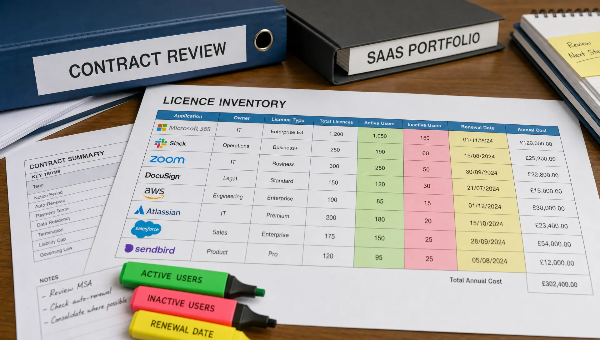 A close-up of a contract review table with folders, licence inventory sheets, and coloured markers showing active users, inactive users, and renewal dates across a SaaS portfolio.