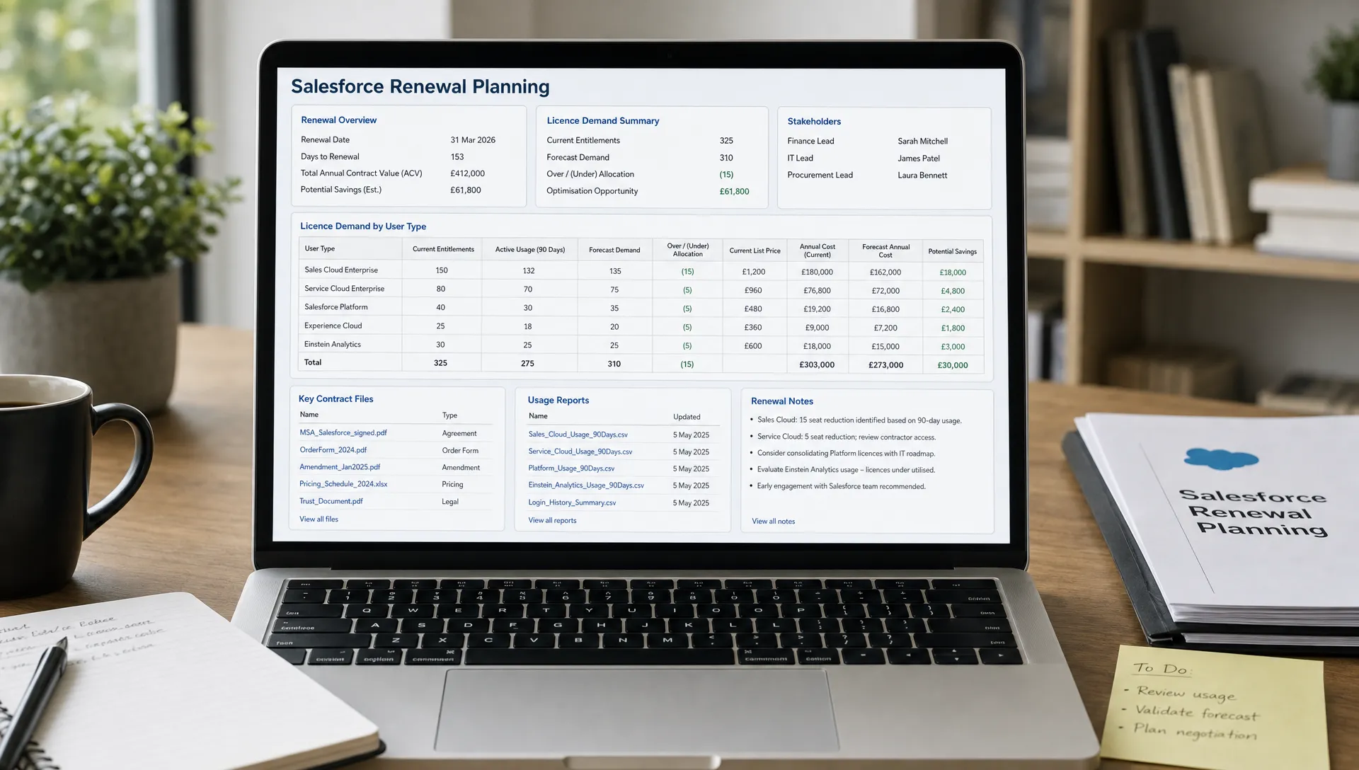 A Salesforce renewal planning table with contract files, usage reports and notes that help finance, IT and procurement compare licence demand before negotiation.