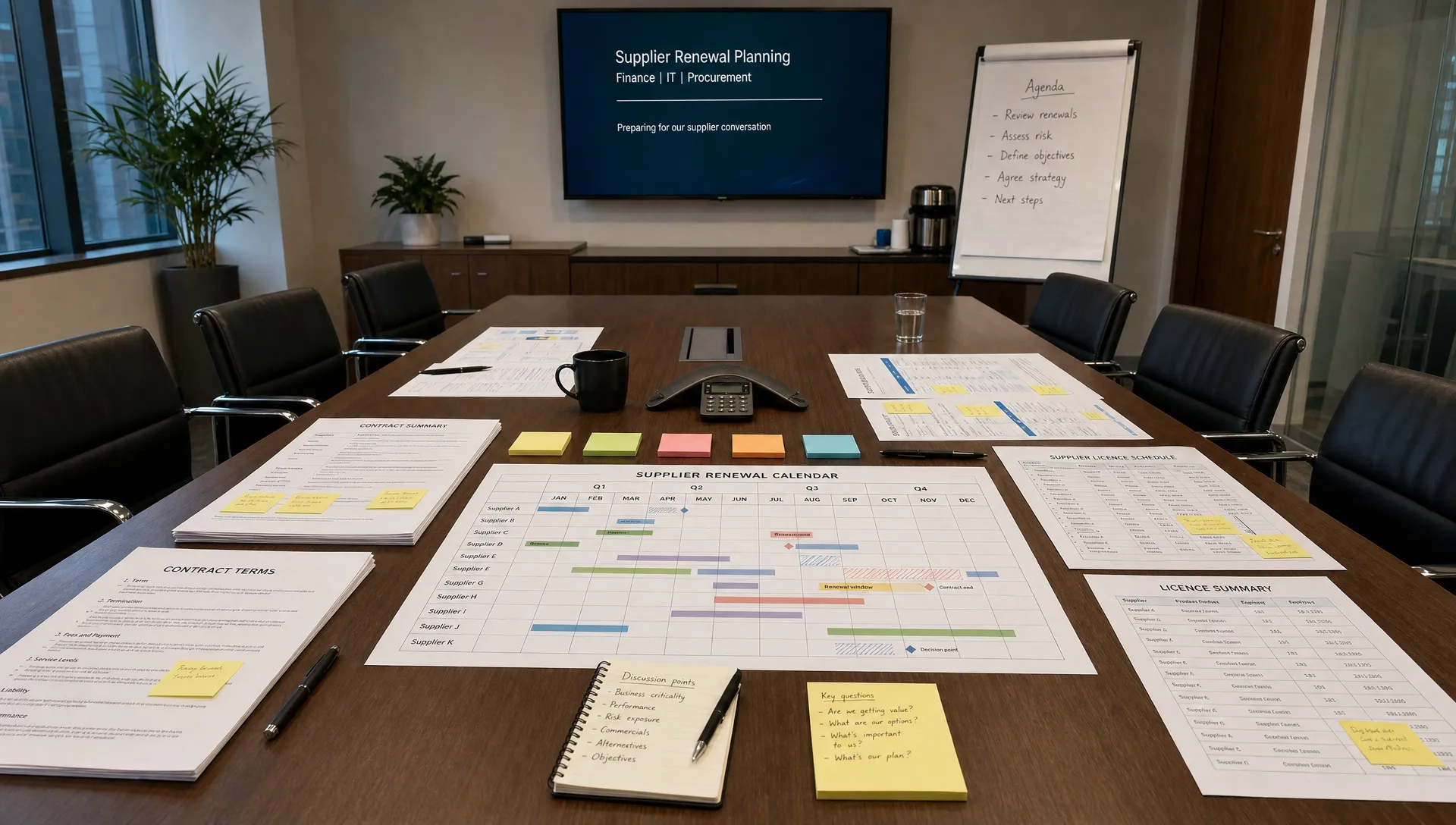 A long conference table covered with a printed renewal calendar, contract pages, licence lists, sticky notes and pens, set out for a finance, IT and procurement planning session before the supplier conversation.
