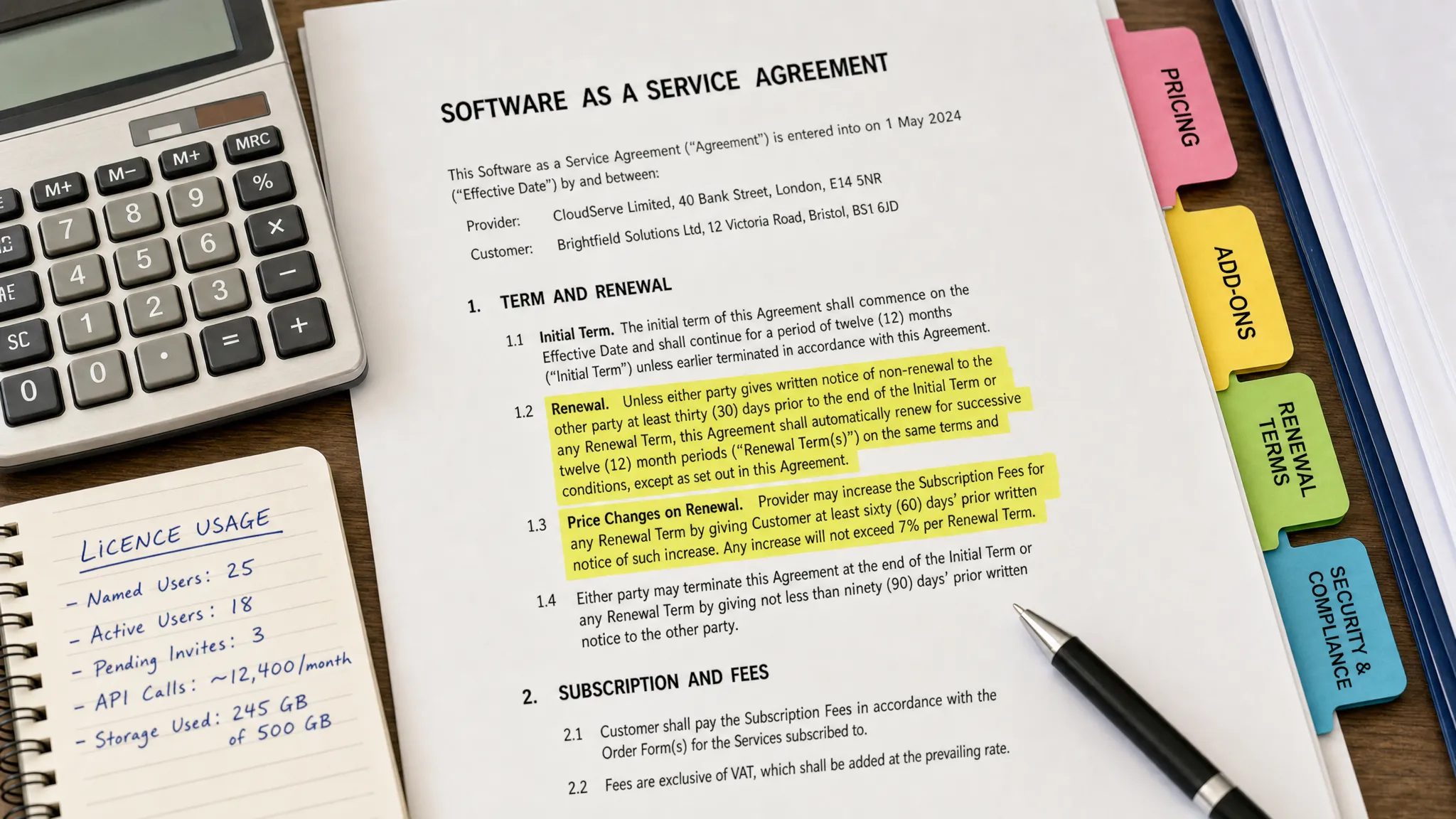 A close-up overhead view of printed SaaS contract pages, highlighted renewal clauses, a calculator, licence usage notes and coloured tabs marking pricing, add-ons and renewal terms.