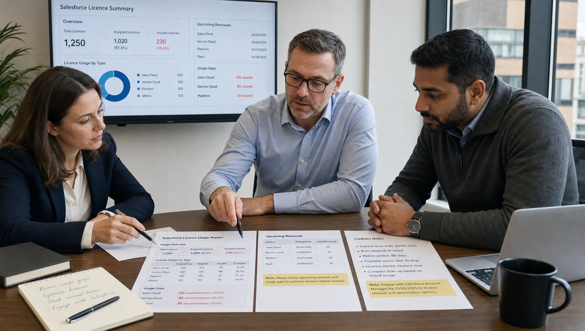 A finance leader, IT lead and procurement manager review Salesforce licence reports and contract notes on a table, with usage gaps and renewal dates highlighted.