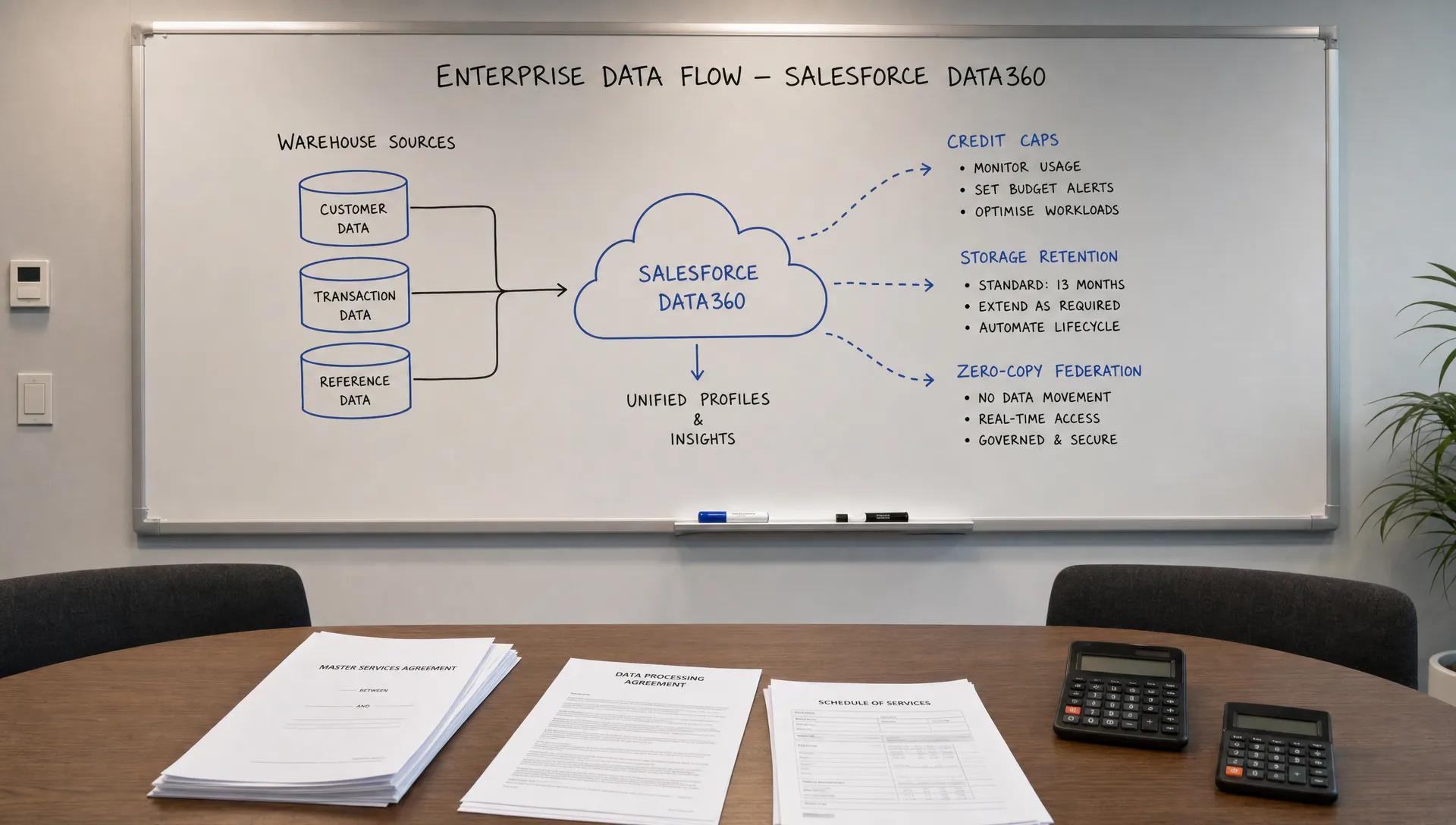 A conference room whiteboard showing a simple enterprise data flow from warehouse sources to Salesforce Data360, with notes for credit caps, storage retention, and zero-copy federation. A table has printed contract pages and calculators, with no screens visible.