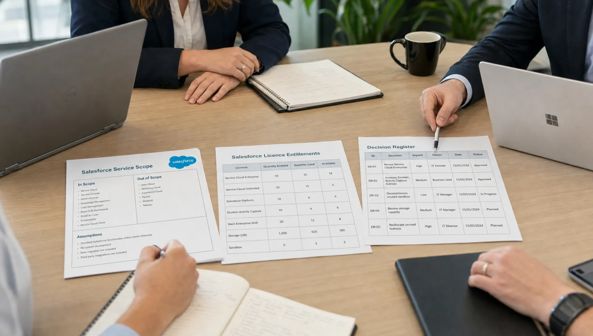 A meeting table holds Salesforce service scope notes, licence entitlement sheets and a decision register as teams plan access and renewal impact.