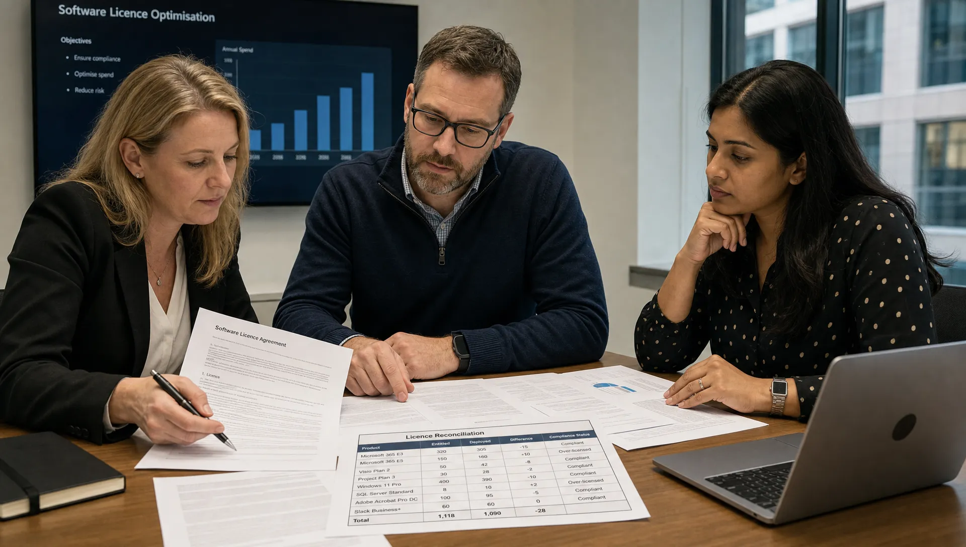 A finance leader, IT lead and procurement manager review printed contract pages and a licence reconciliation table on a meeting room desk.