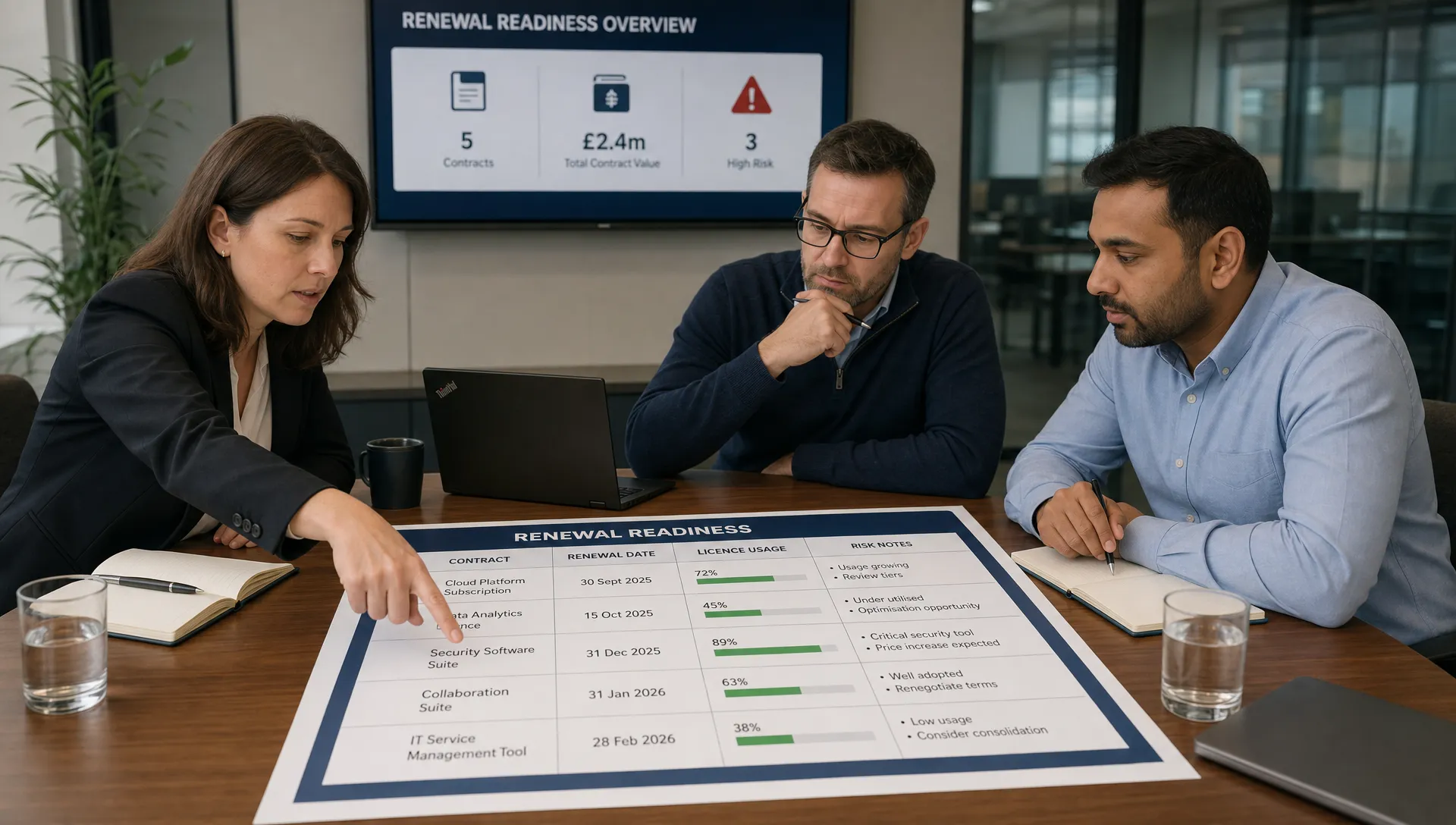 A finance lead, IT lead and procurement lead reviewing a renewal readiness board with contract dates, licence usage and risk notes laid out on a meeting table.