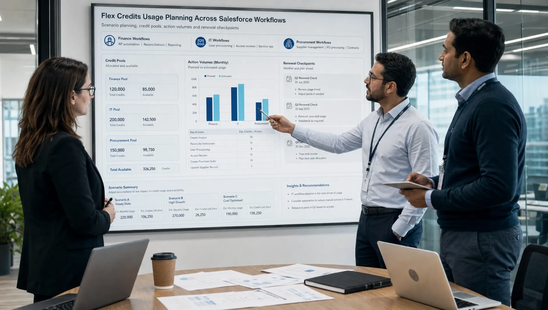 A finance, IT and procurement team review Flex Credits usage scenarios across Salesforce workflows on a shared planning board with credit pools, action volumes and renewal checkpoints.