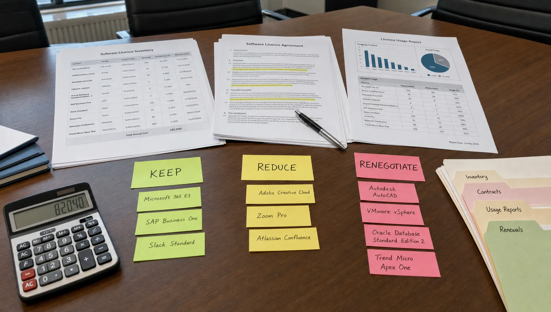 A conference table with printed software licence inventory, highlighted contract pages, usage reports and sticky notes grouped by keep, reduce and renegotiate, with a calculator and a few folder tabs beside the papers.