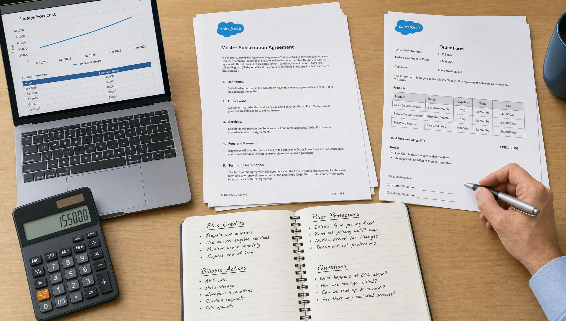 A meeting table with Salesforce contract pages, a usage forecast chart, a calculator and notes on Flex Credits, billable actions and price protections before signature.
