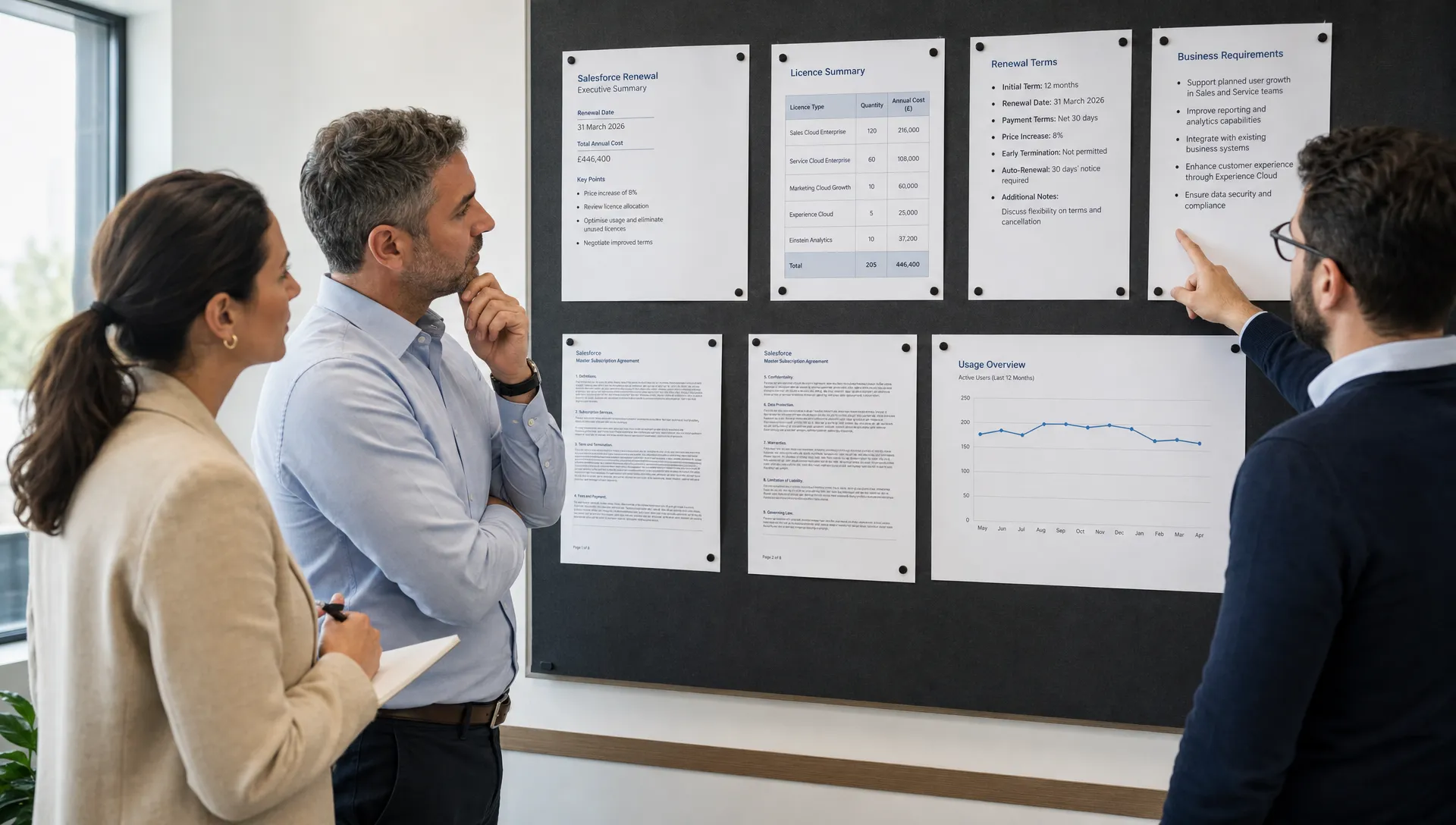 A procurement leader, finance lead and IT lead stand at a wall-mounted review board with printed Salesforce renewal notes, contract pages and a simple usage chart pinned in rows, comparing licences, renewal terms and business requirements.