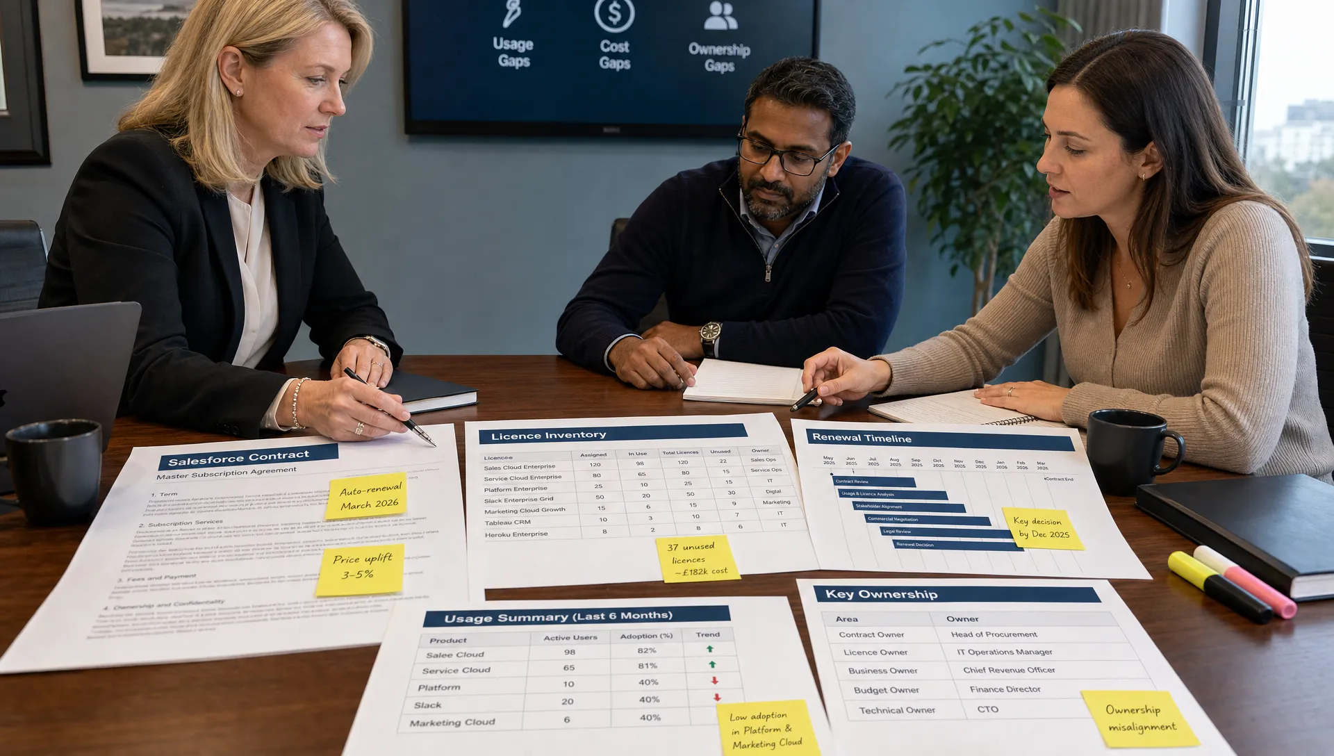 A finance leader, IT lead and procurement specialist review Salesforce contract pages, licence inventory sheets and a renewal timeline on a meeting table, with highlighted notes showing usage, cost and ownership gaps.
