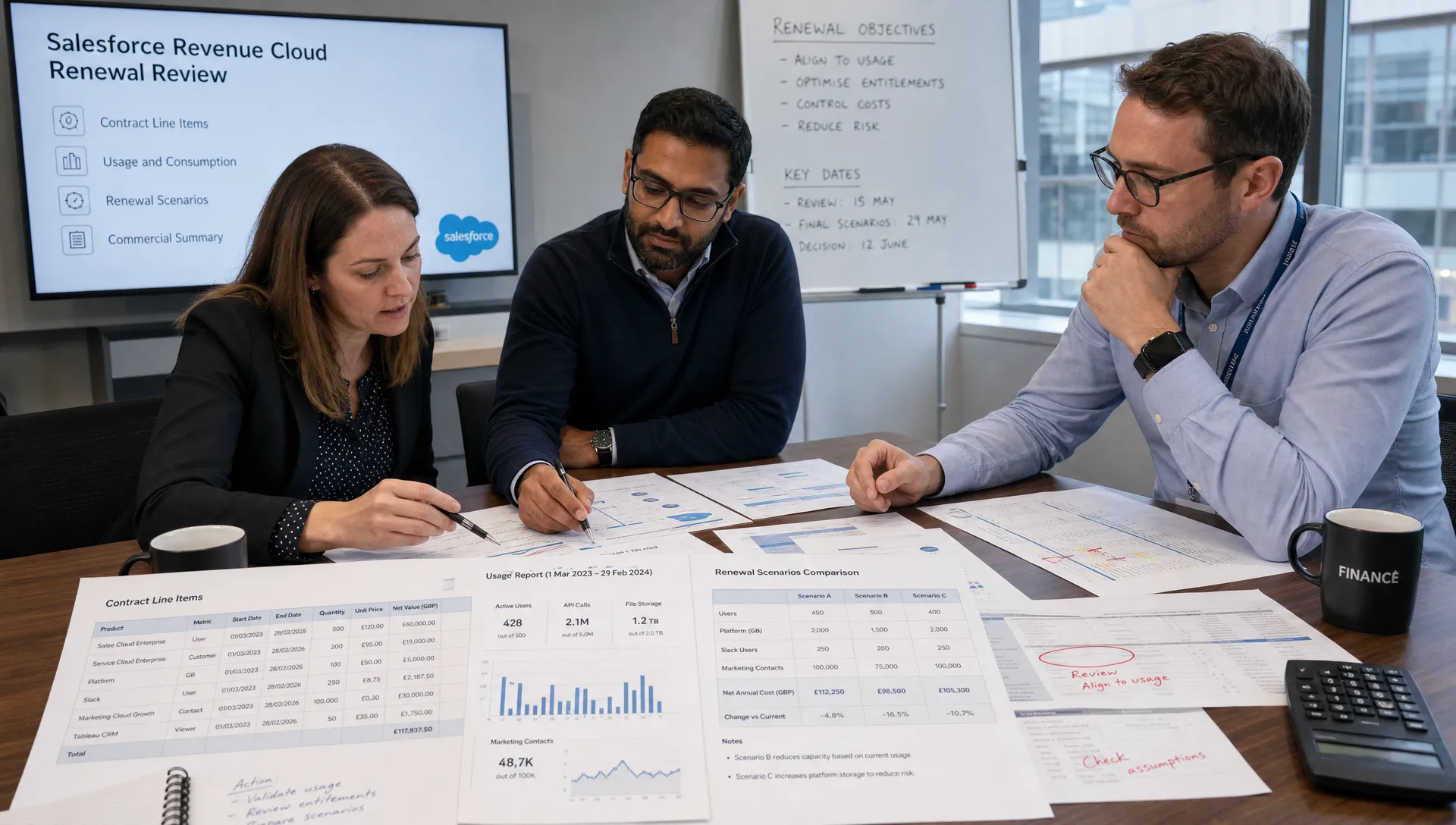 A finance, procurement, and IT team reviewing printed Salesforce Revenue Cloud contract line items, usage reports, and renewal scenarios on a conference table, with calculators, annotated documents, and a clean comparison chart visible.