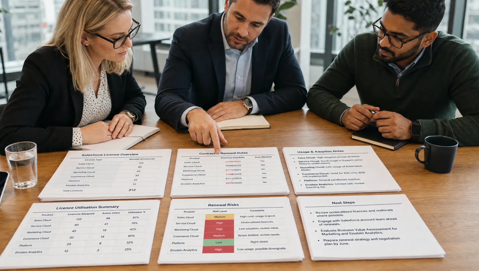 A finance, IT and procurement team reviewing printed Salesforce SaaS spend data on a meeting table, with licence counts, contract dates, usage notes and renewal risks grouped into clear categories, with the papers laid out in separate stacks and one person pointing at the renewal dates.