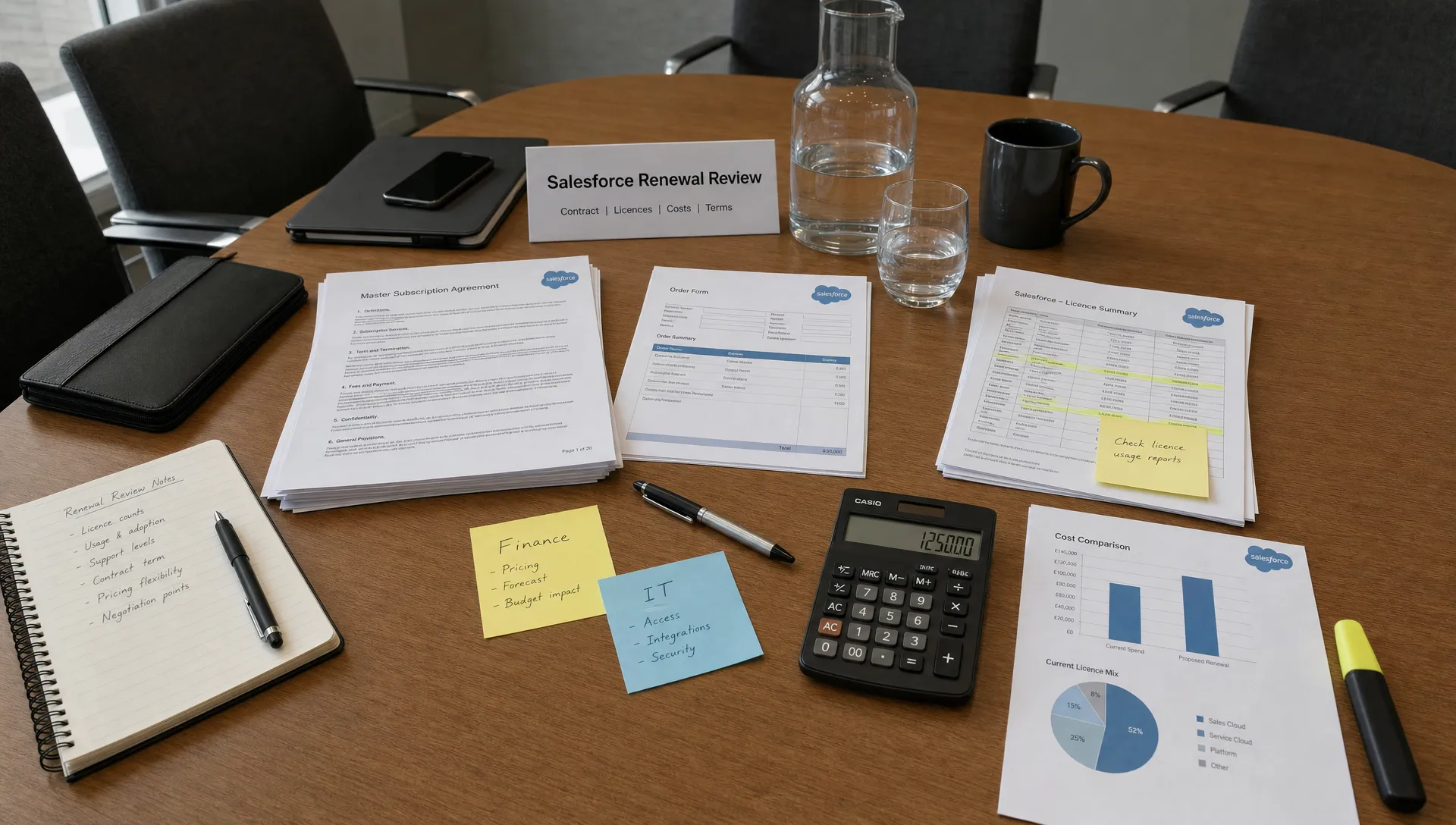A conference table set for a Salesforce renewal review, with printed contract pages, highlighted licence notes, sticky notes for finance and IT, a calculator, pens, and a notebook arranged for a working session, seen from a slight overhead angle in a quiet meeting room.