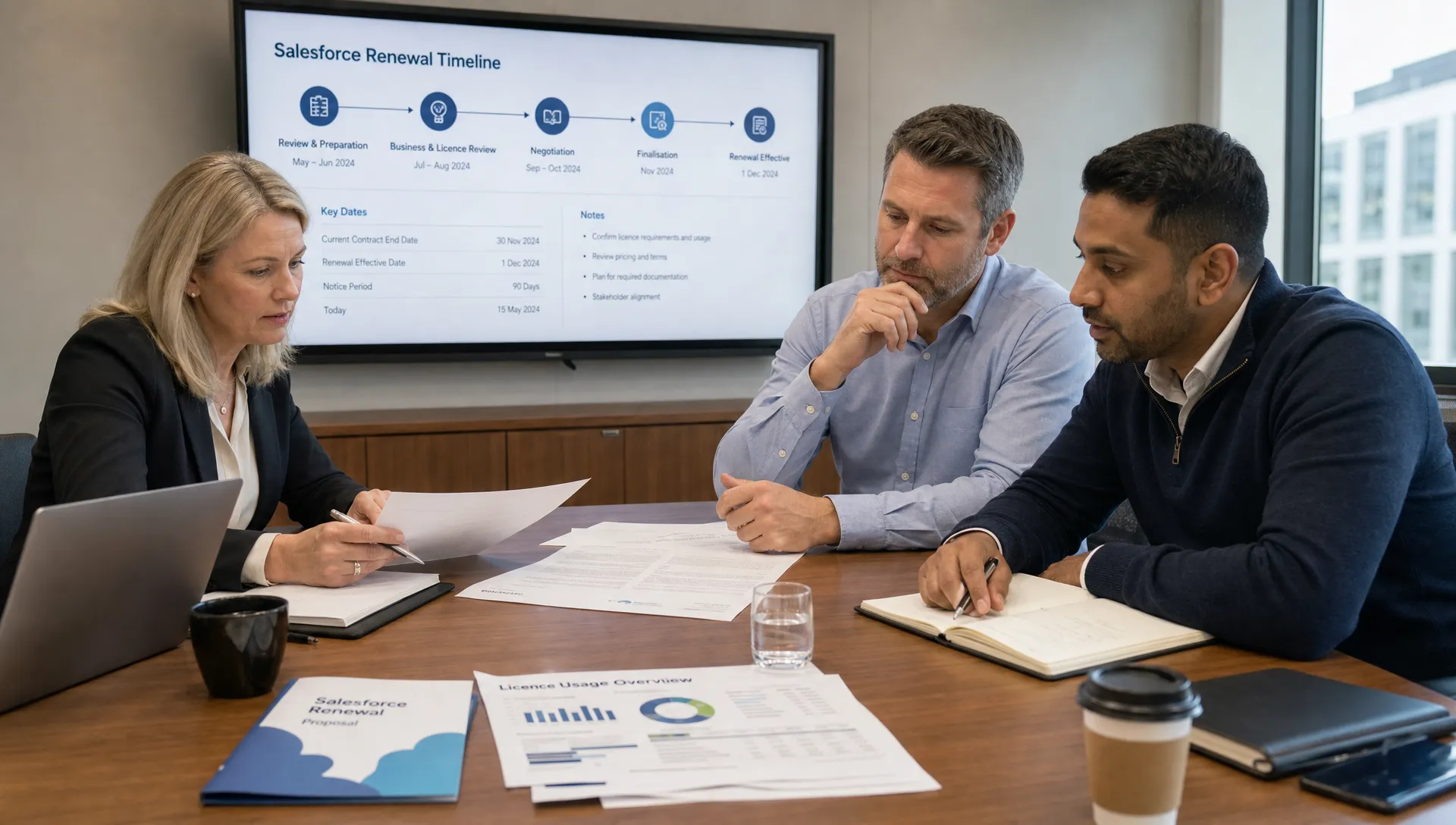 Finance, IT and procurement leaders reviewing a Salesforce renewal timeline, contract documents and licence usage notes around a meeting table.