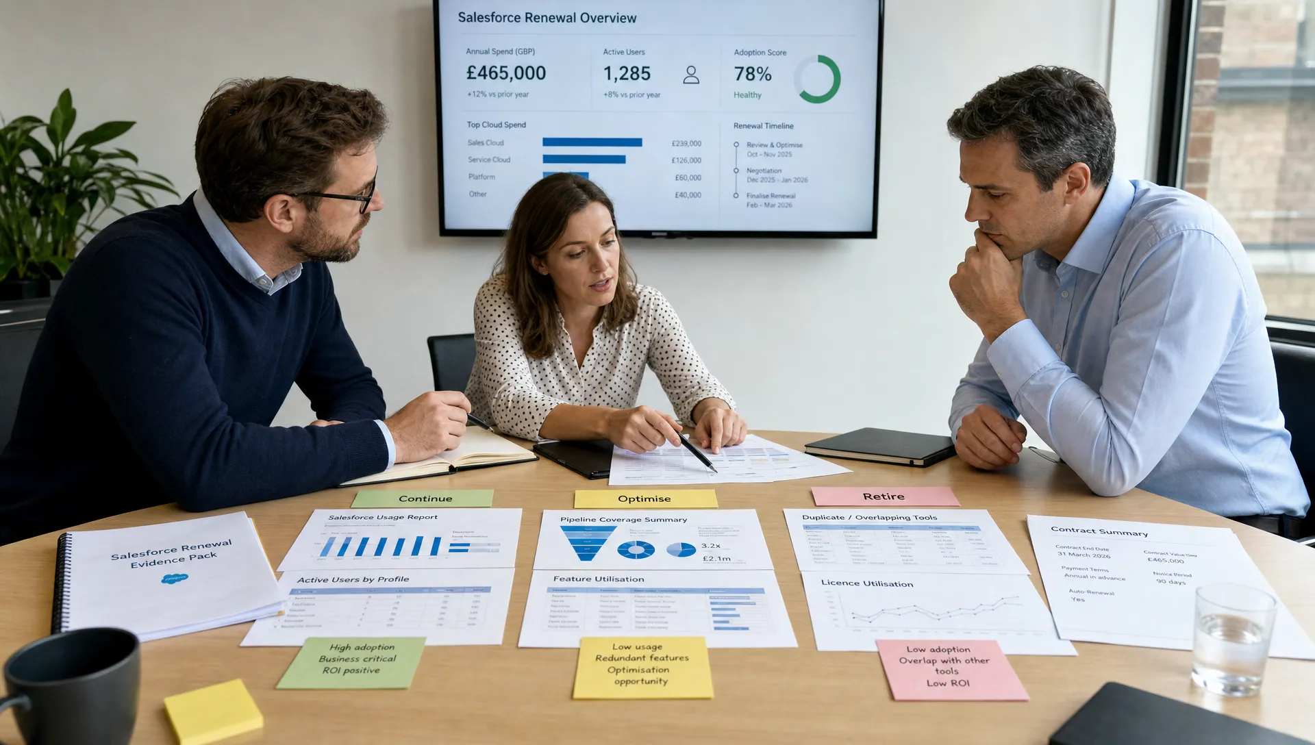 A finance, IT and procurement team reviewing Salesforce renewal evidence on a meeting table, with usage reports, pipeline summaries and contract notes arranged into decision categories.