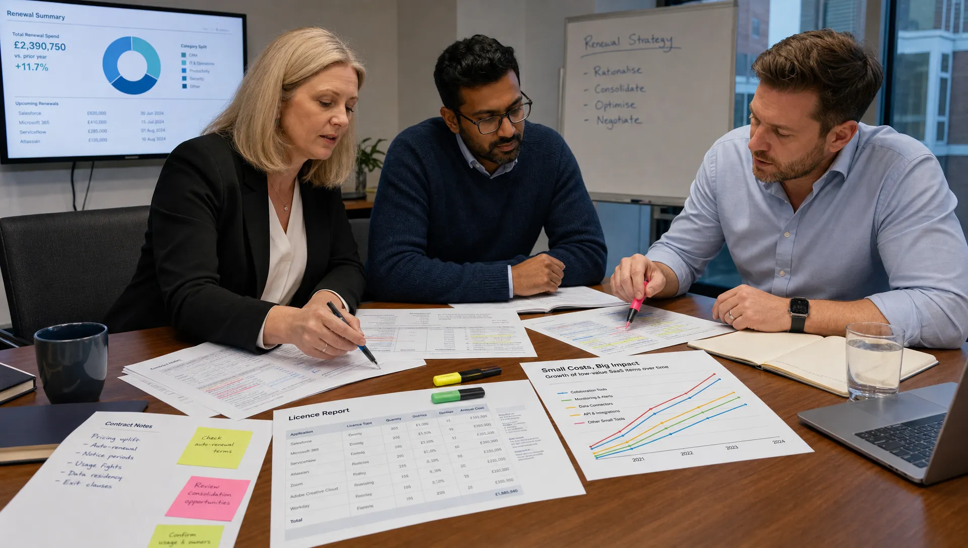 A finance, IT and procurement team reviewing printed SaaS renewal data, licence reports and contract notes on a meeting table, with coloured markers showing small cost items that have grown over time.