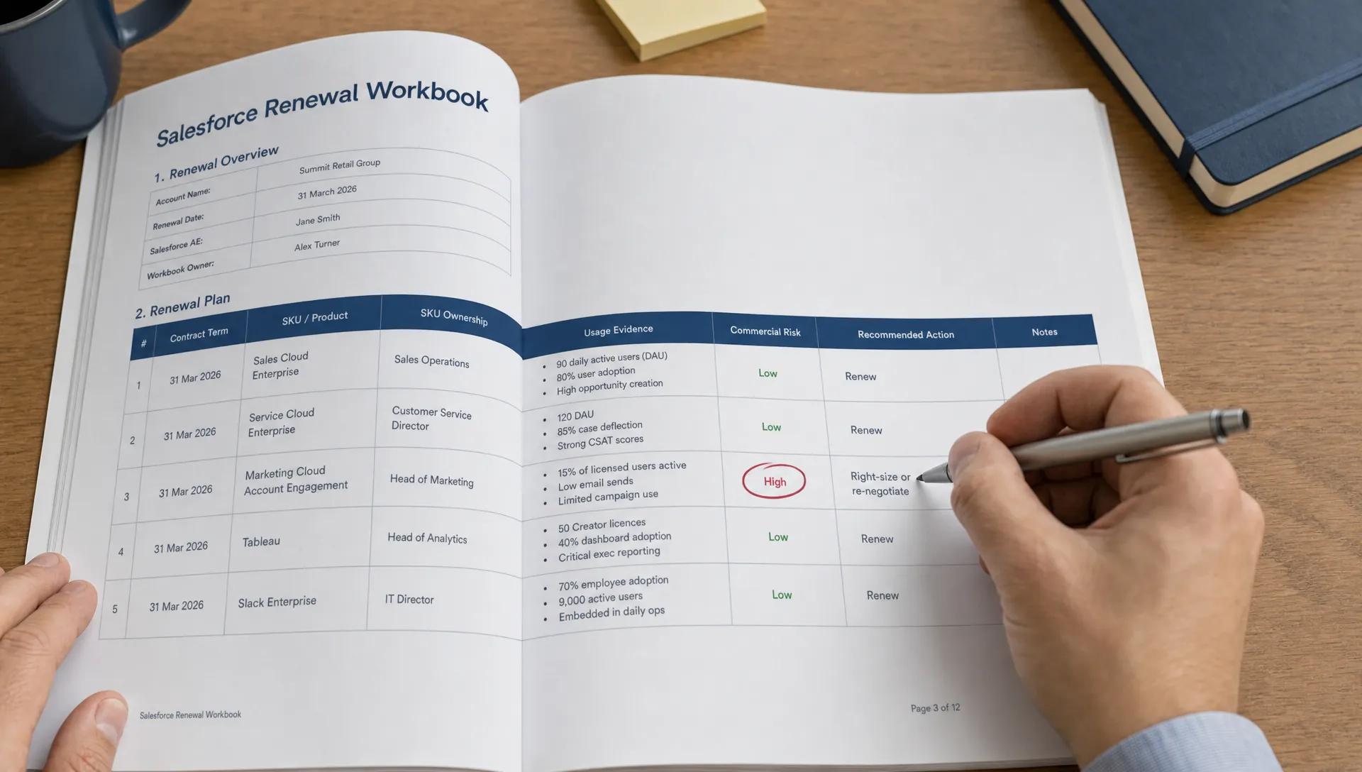 A Salesforce renewal workbook lies open with columns for contract term, SKU ownership, usage evidence and commercial risk, while a hand marks one row.