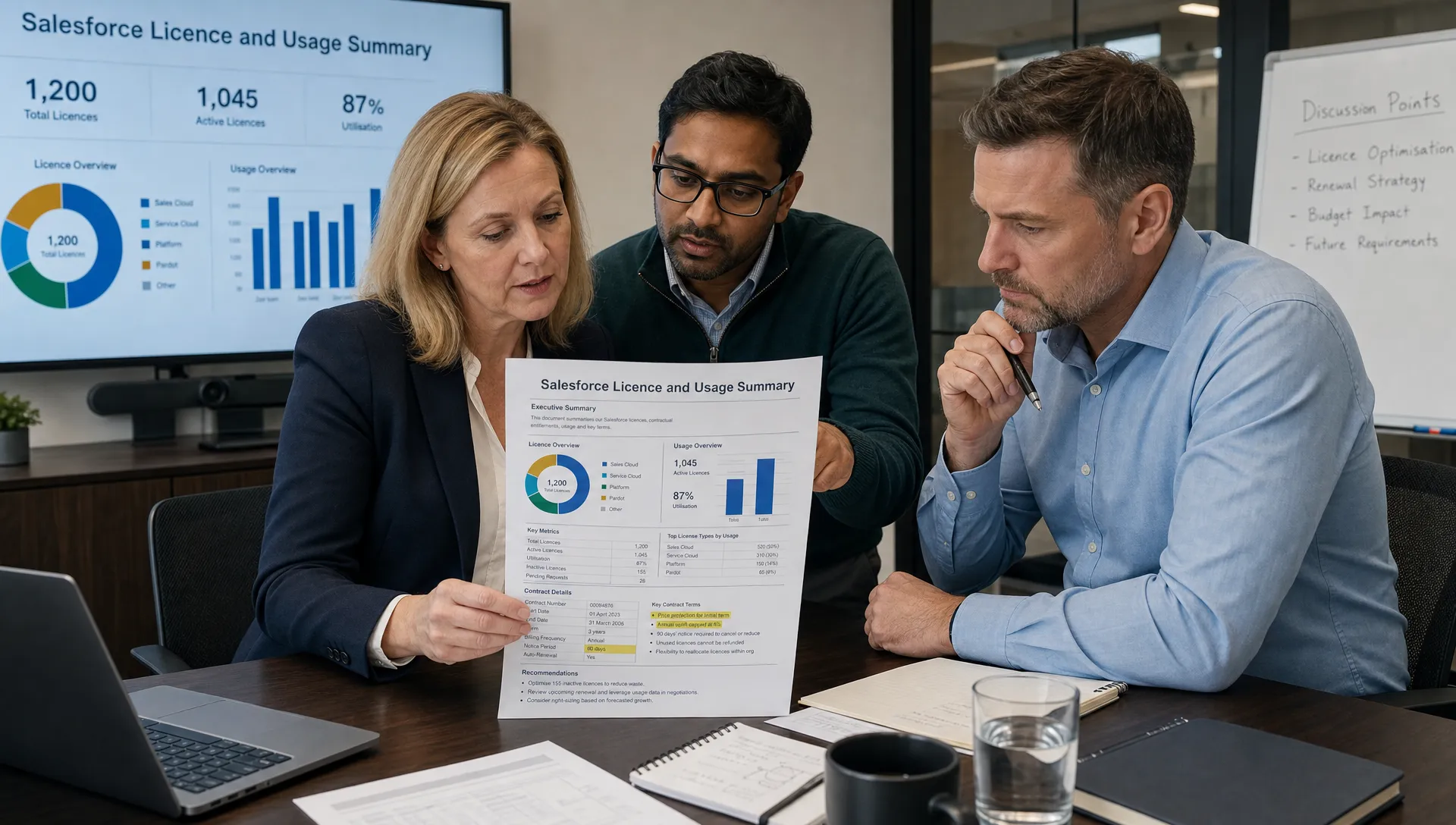 A finance leader, IT lead and procurement manager reviewing a printed Salesforce licence and usage summary beside a meeting table, with highlighted contract sections, charts and notes visible.