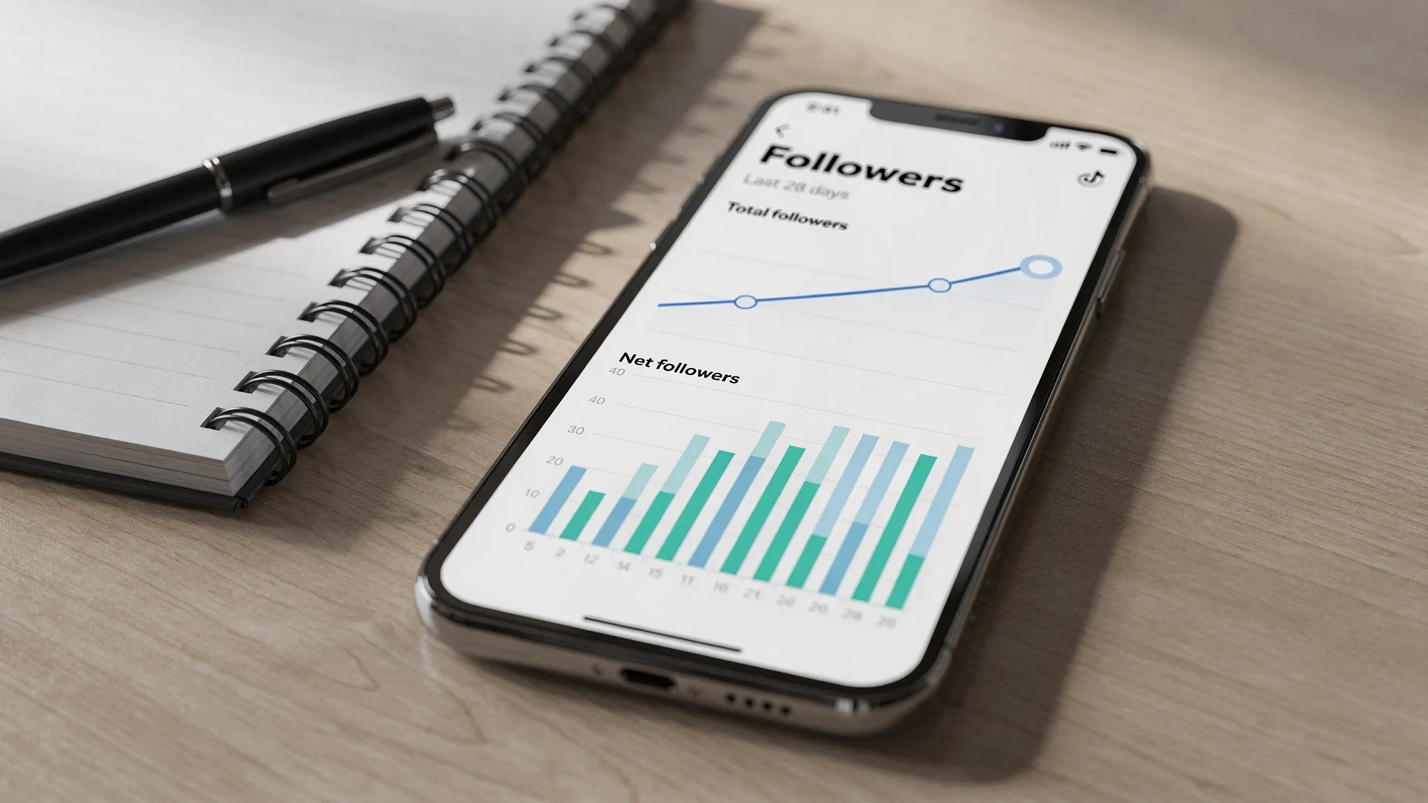 A close-up of a smartphone displaying the TikTok Analytics Followers tab with a line chart of total followers and a bar chart of net follower changes over the last 28 days, resting on a desk next to a notebook and pen.